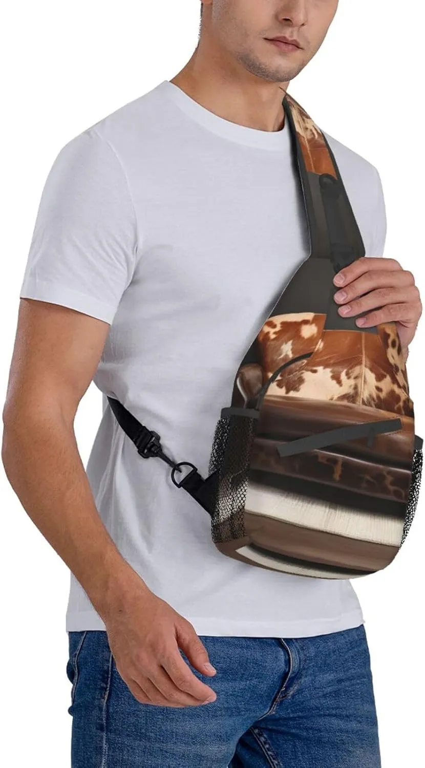 Brown Cowhides Unisex Casual Diagonal Chest Bag,Multipurpose Crossbody Shoulder Bag Travel Hiking Daypack