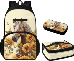 Brown Horse Little Girl Backpack with Adjustable Strap 3Pcs Kids School Backpack Spill Resistant Elementary Students Cute Students Bookbags Girls Boys Holiday or Back To School Gifts