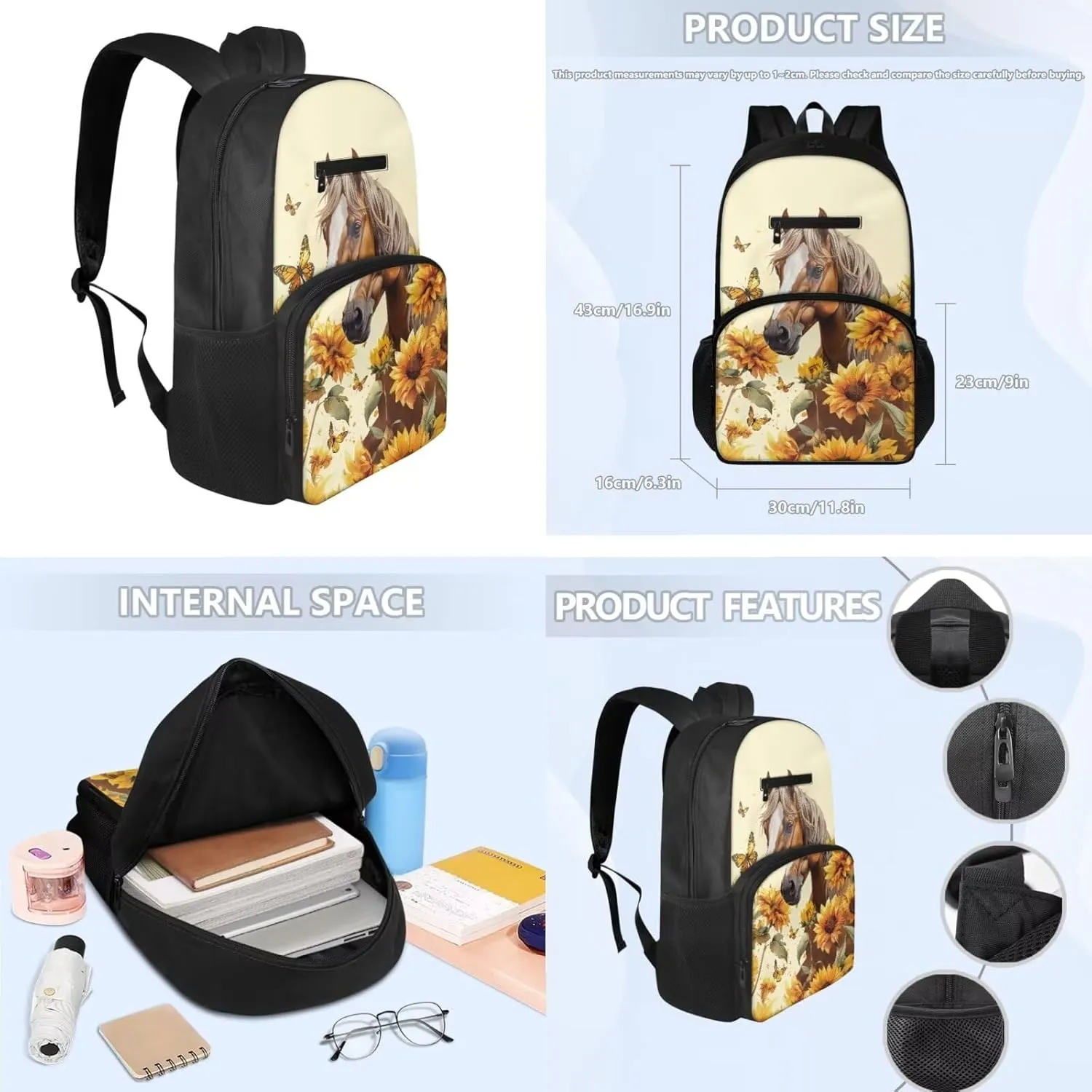 Brown Horse Little Girl Backpack with Adjustable Strap 3Pcs Kids School Backpack Spill Resistant Elementary Students Cute Students Bookbags Girls Boys Holiday or Back To School Gifts