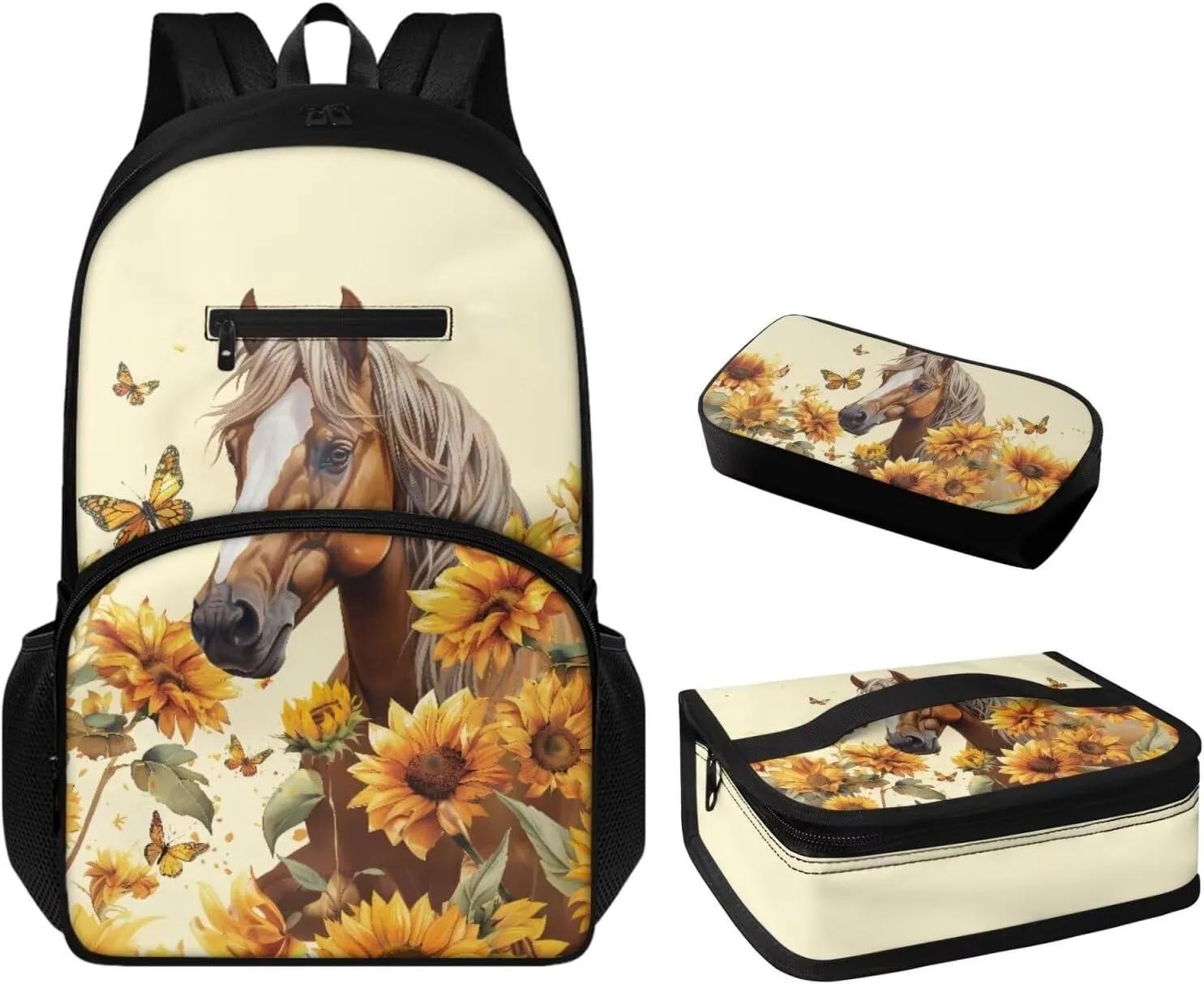 Brown Horse Little Girl Backpack with Adjustable Strap 3Pcs Kids School Backpack Spill Resistant Elementary Students Cute Students Bookbags Girls Boys Holiday or Back To School Gifts