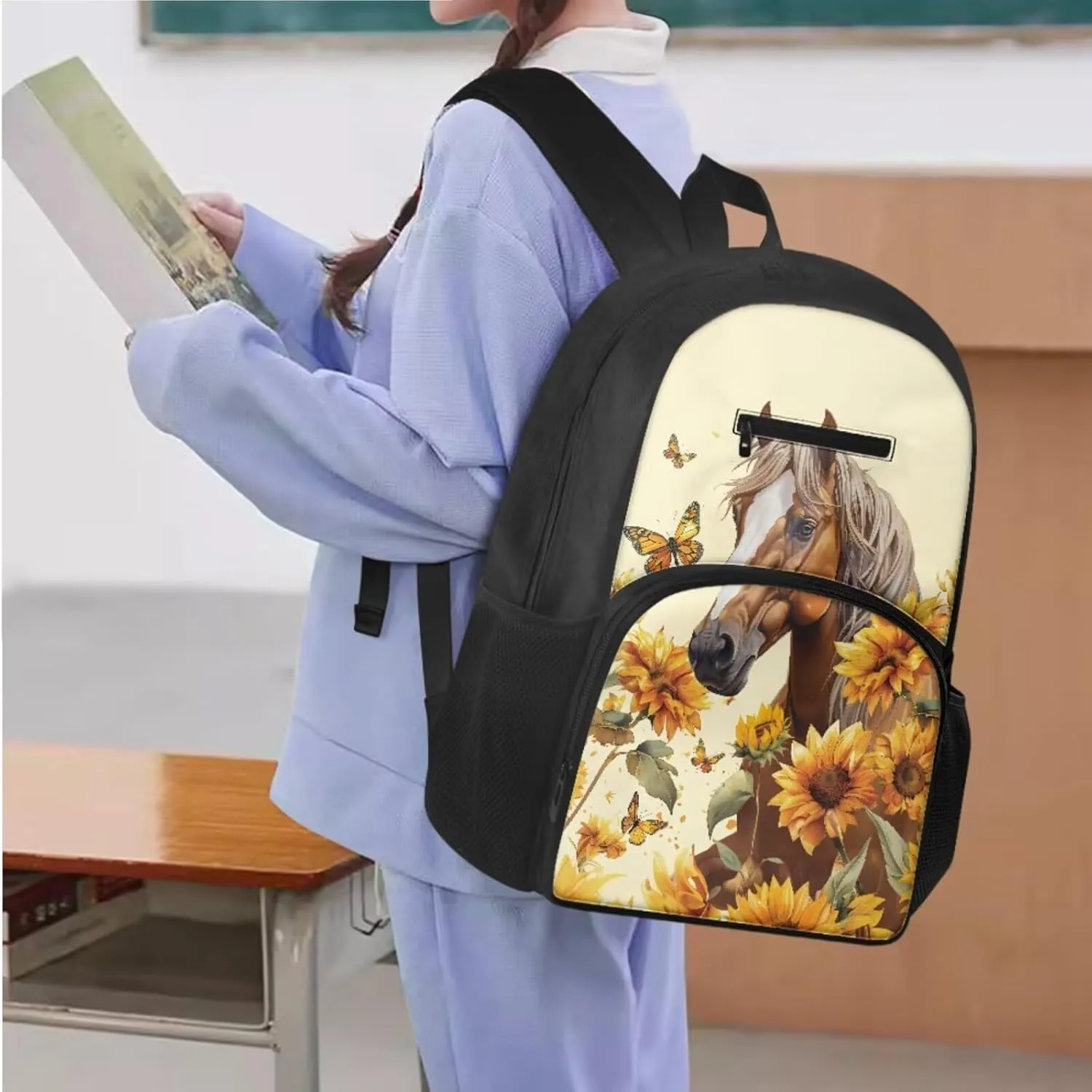 Brown Horse Little Girl Backpack with Adjustable Strap 3Pcs Kids School Backpack Spill Resistant Elementary Students Cute Students Bookbags Girls Boys Holiday or Back To School Gifts