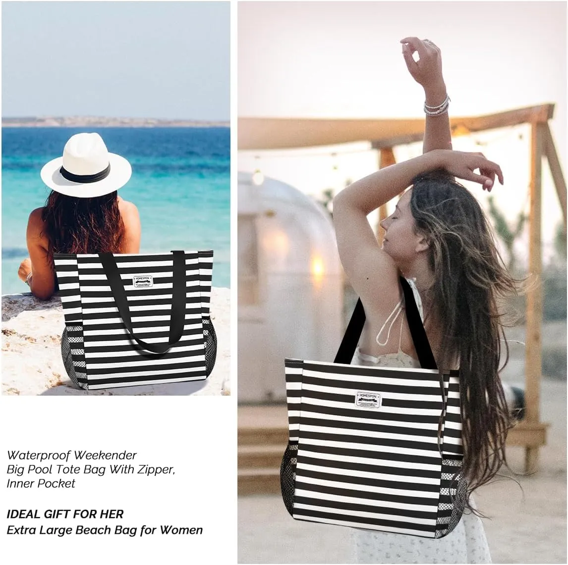 Buringer Large Waterproof Beach Bag for Women Sandproof Tote Bag with Zipper and Pockets Pool Bag for Travel Gym Vacation