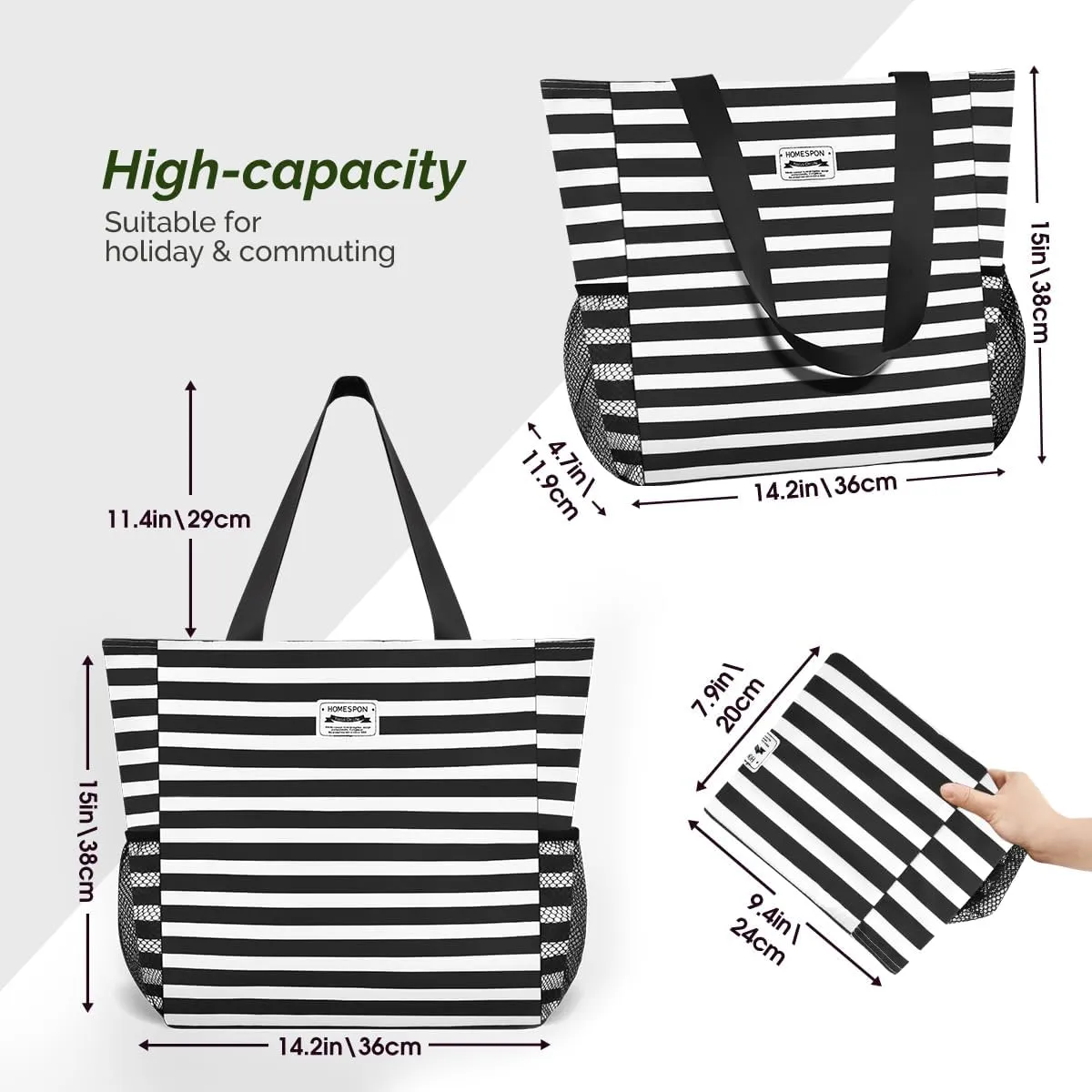 Buringer Large Waterproof Beach Bag for Women Sandproof Tote Bag with Zipper and Pockets Pool Bag for Travel Gym Vacation