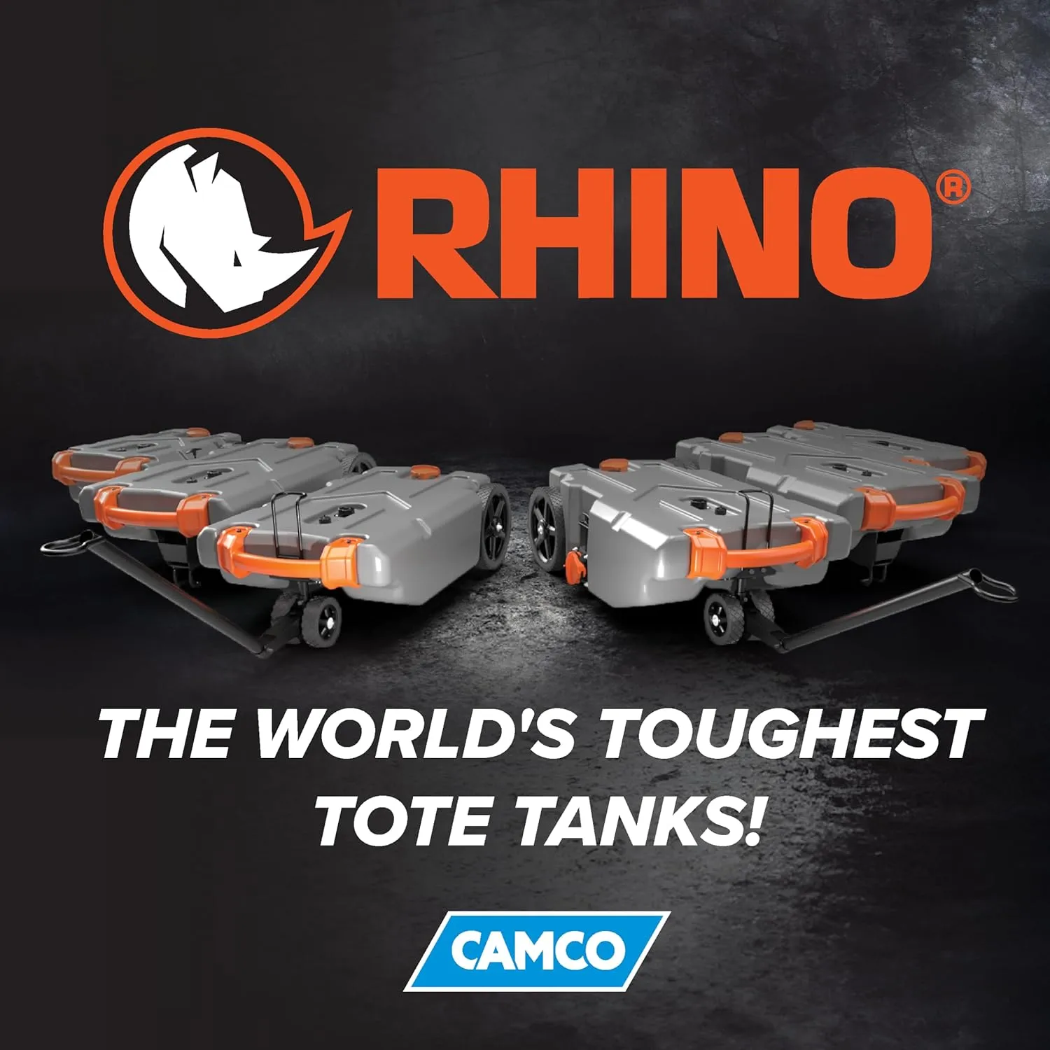 Camco Rhino 28-Gallon Portable Camper/RV Tote Tank | Features 2 Steerable No-Flat Front Wheels & Built-In Gate Valve | Includes Removable 24" Tow Bar, 3’ Sewer Hose & More RV Accessories (39005)