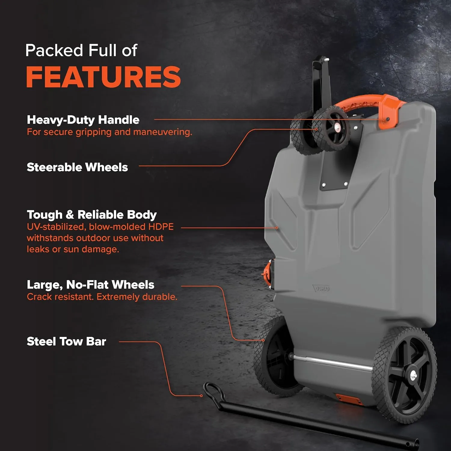 Camco Rhino 28-Gallon Portable Camper/RV Tote Tank | Features 2 Steerable No-Flat Front Wheels & Built-In Gate Valve | Includes Removable 24" Tow Bar, 3’ Sewer Hose & More RV Accessories (39005)