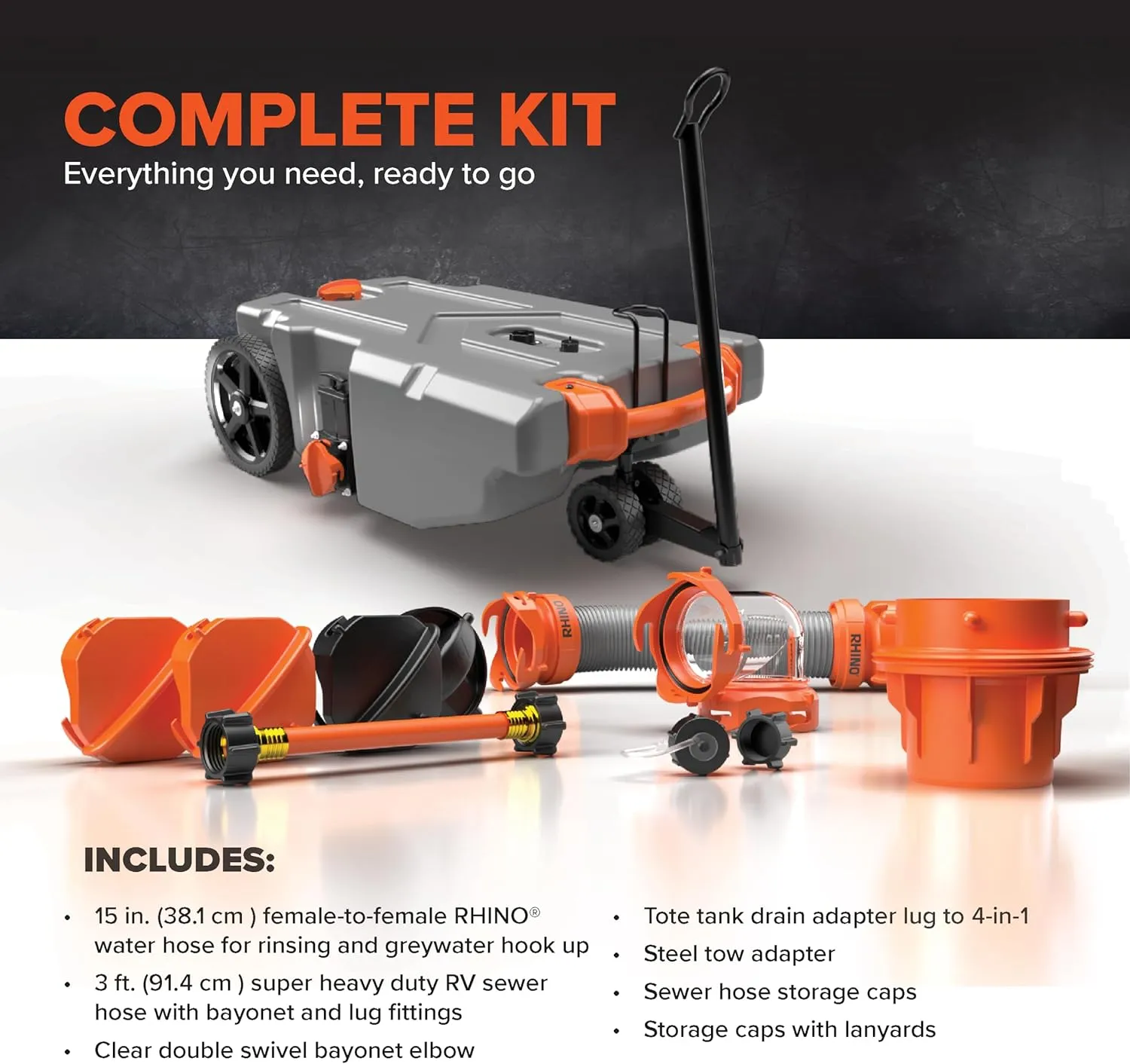 Camco Rhino 28-Gallon Portable Camper/RV Tote Tank | Features 2 Steerable No-Flat Front Wheels & Built-In Gate Valve | Includes Removable 24" Tow Bar, 3’ Sewer Hose & More RV Accessories (39005)