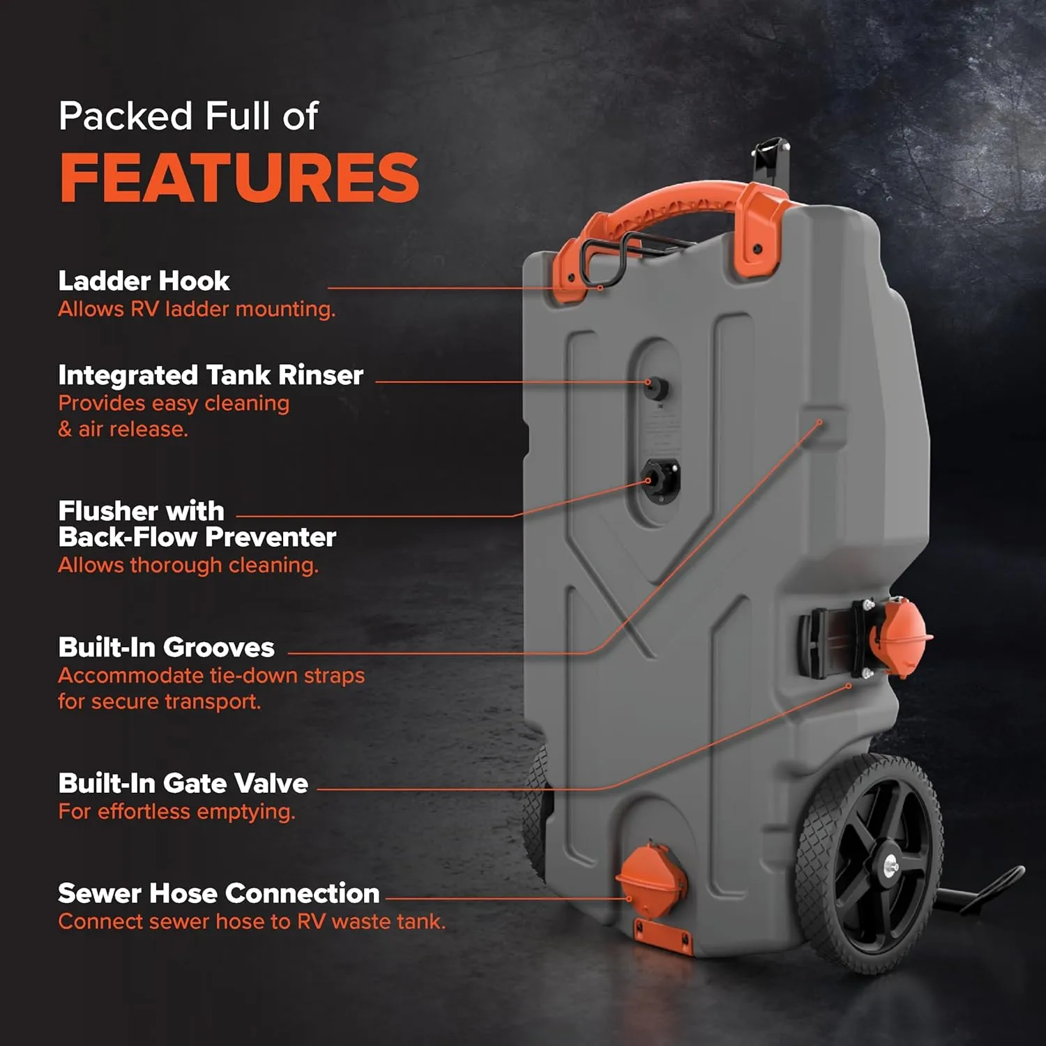 Camco Rhino 28-Gallon Portable Camper/RV Tote Tank | Features 2 Steerable No-Flat Front Wheels & Built-In Gate Valve | Includes Removable 24" Tow Bar, 3’ Sewer Hose & More RV Accessories (39005)