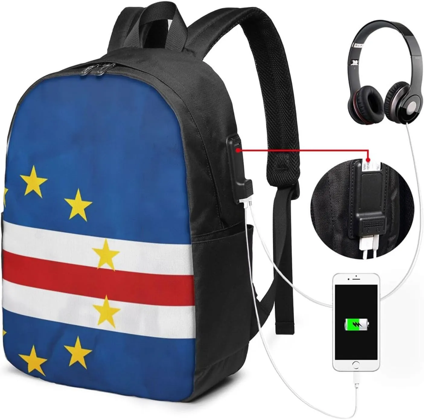 Cape Verde Cabo Verdean Flag Travel Backpack 17-Inch Laptop Backpacks Business Rucksack Casual Sport Daypack with USB Charging Port Carry-on Bag for Camping Biking