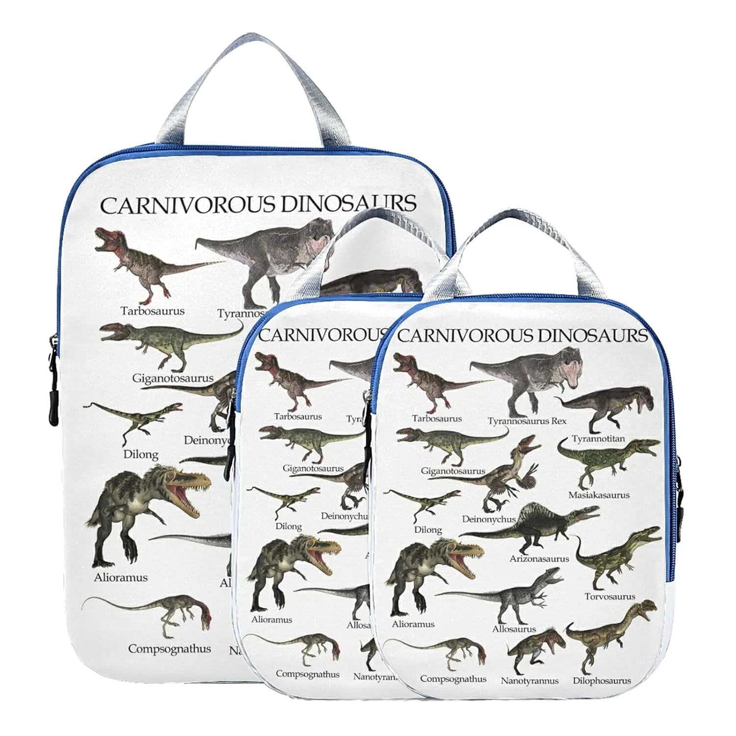 Carnivorous Dinosaurs Set Isolated on White Background 3 Set Packing Cubes, Waterproof Check Oxford cloth Organizers, Travel Packing Toiletry Storage Bag