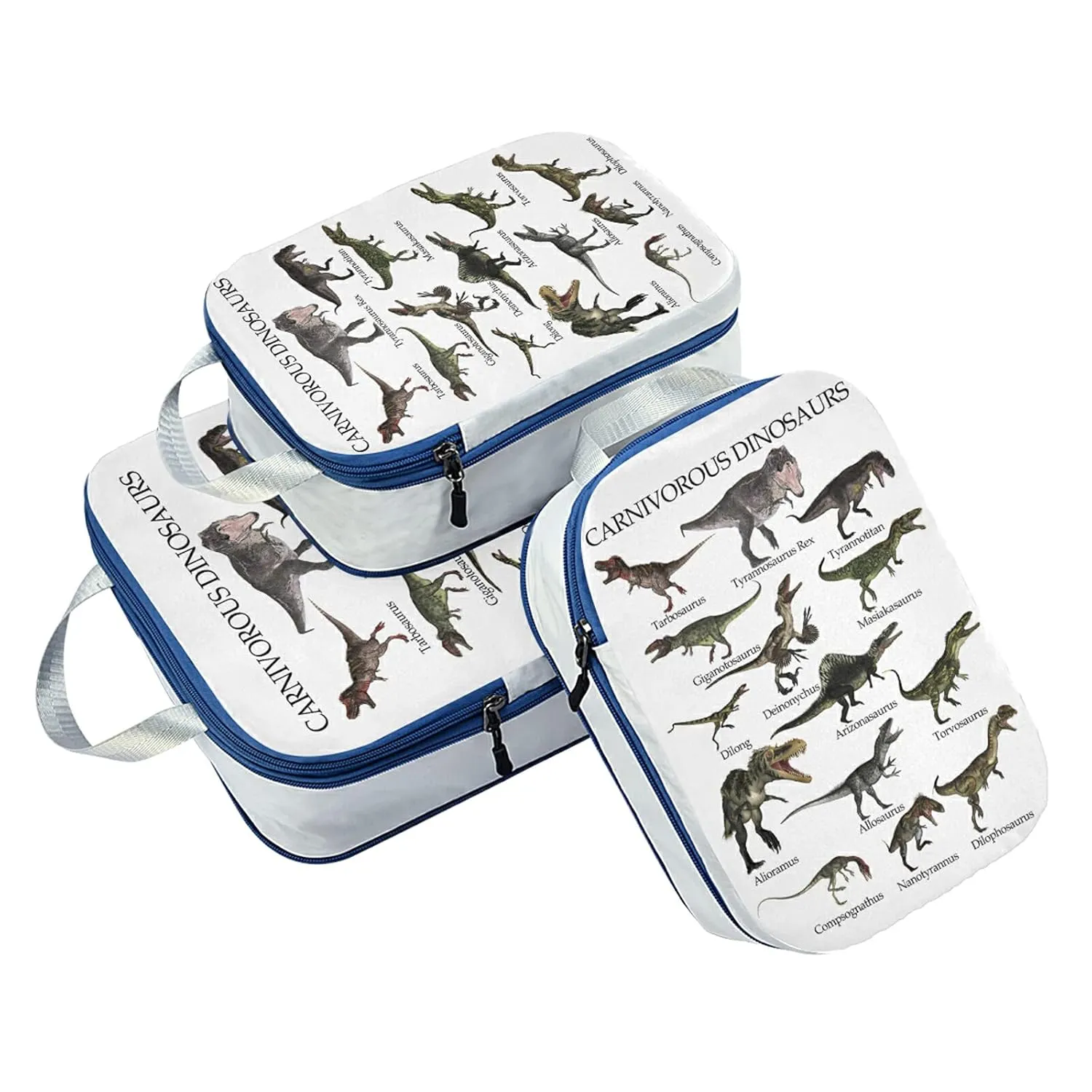 Carnivorous Dinosaurs Set Isolated on White Background 3 Set Packing Cubes, Waterproof Check Oxford cloth Organizers, Travel Packing Toiletry Storage Bag