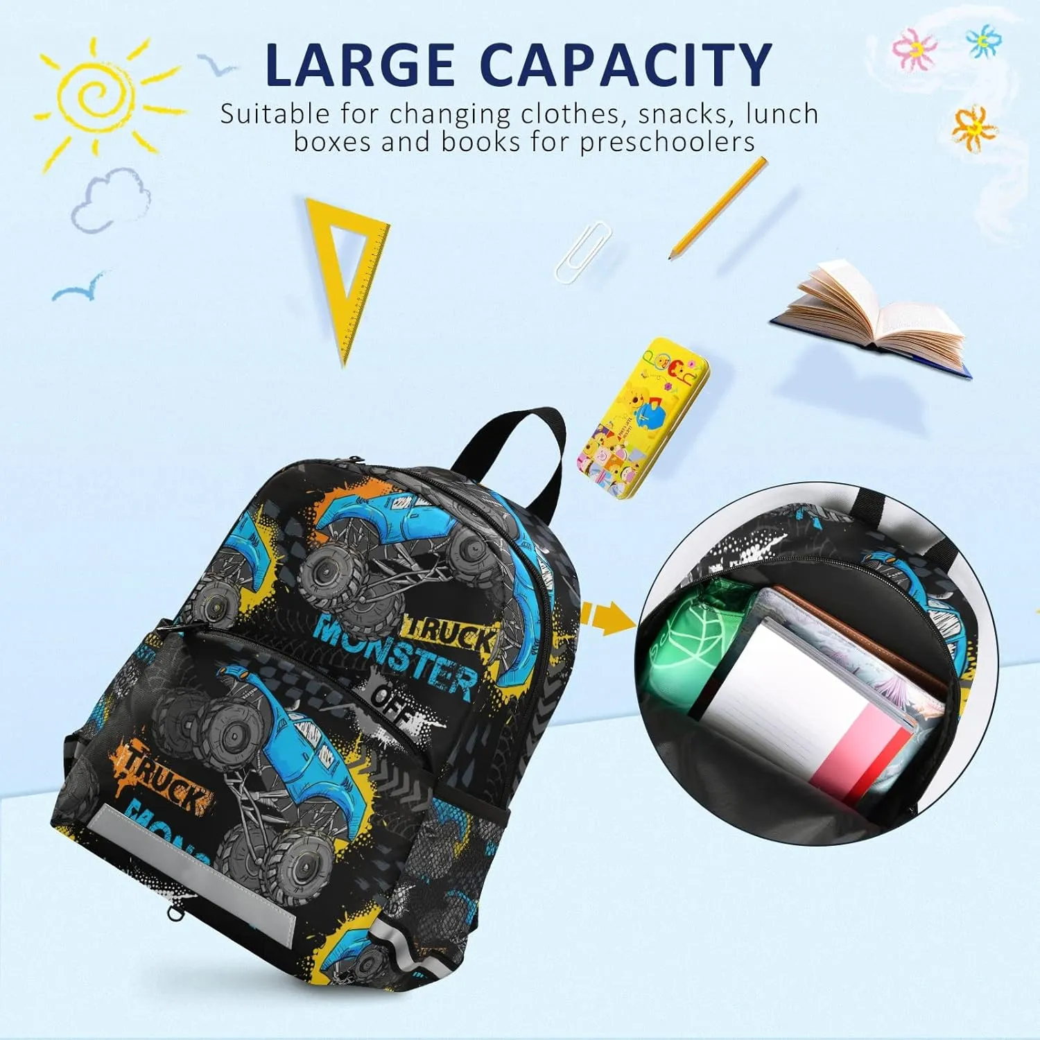 Cartoon Monster Truck Backpack Monster Jam Bookbag Kids Daypack Toddler Travel School Bag Small Mini Backpacks for boys with Chest Strap