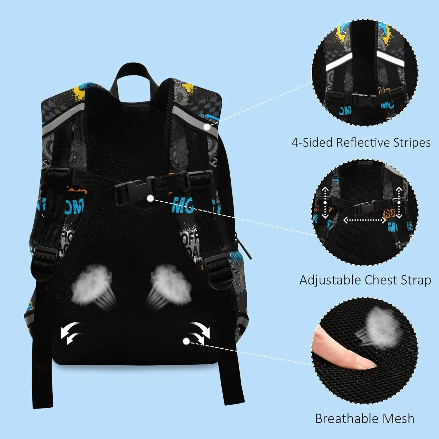 Cartoon Monster Truck Backpack Monster Jam Bookbag Kids Daypack Toddler Travel School Bag Small Mini Backpacks for boys with Chest Strap