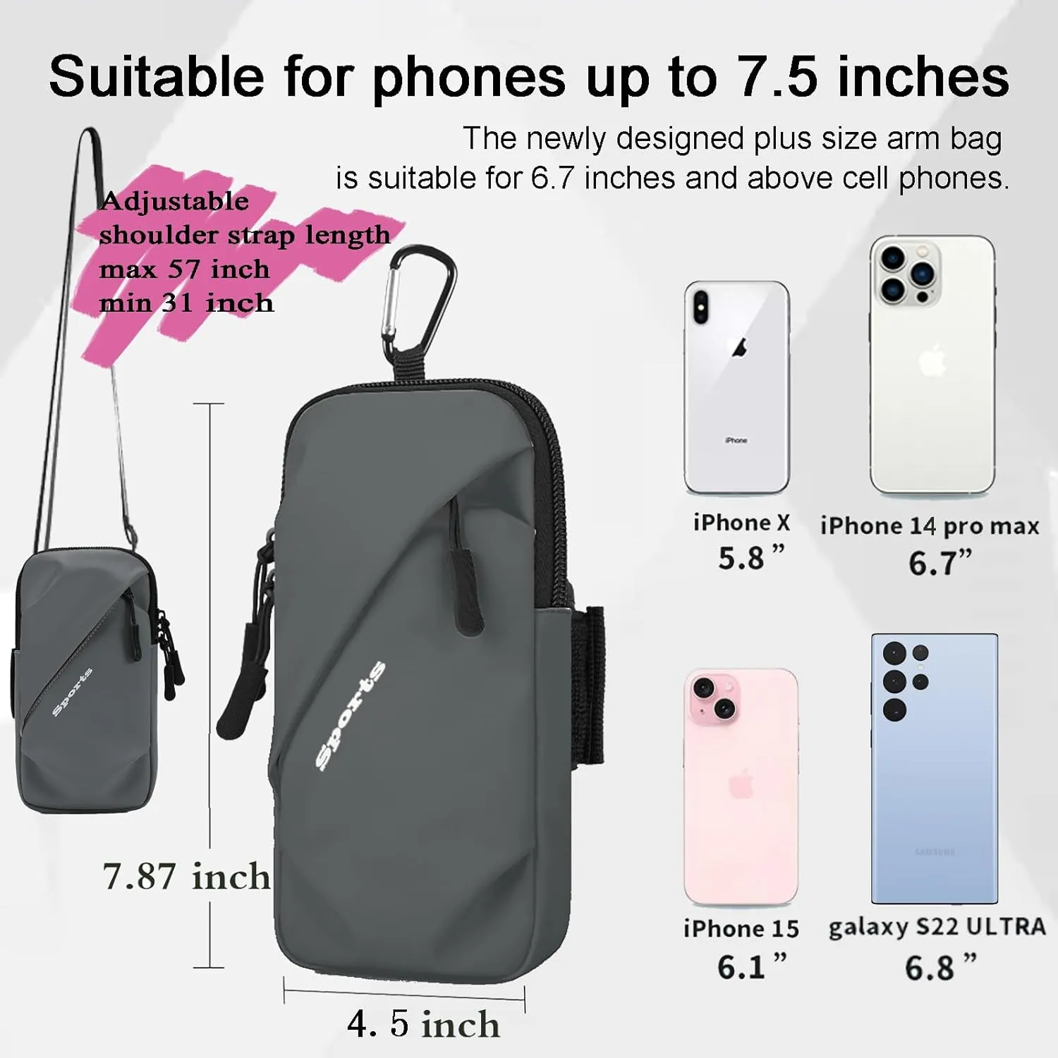 Cell Phone Armbands Running Phone Holder Armband, Shoulder Holster Phone Purse Crossbody Bag Pouch (Gray)