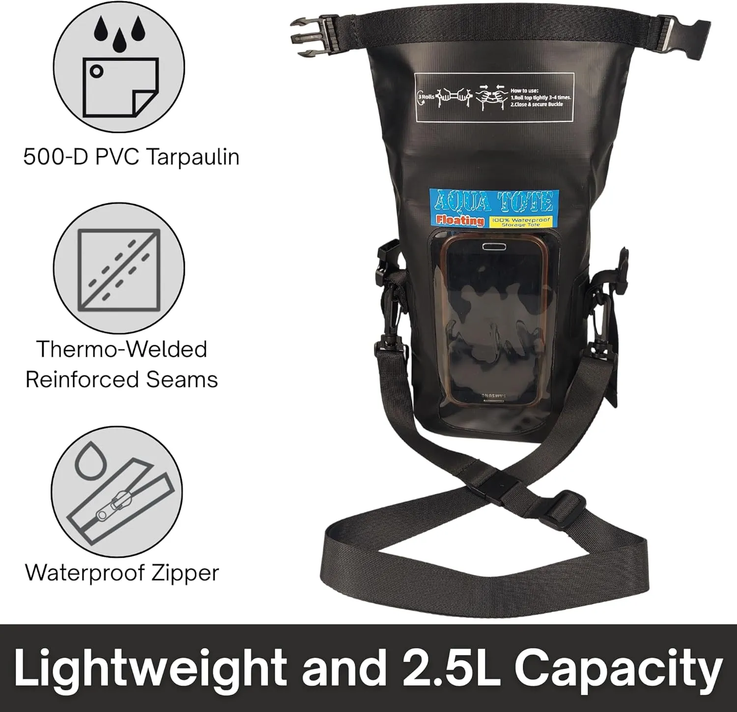 Cell Phone Crossbody Black Tote Bag 100% Waterproof Floating Dry Bag Protection for Your Mobile Device During All Water Sports | 2.5L Large Capacity Holds Sunscreen, Sunglasses, Watch