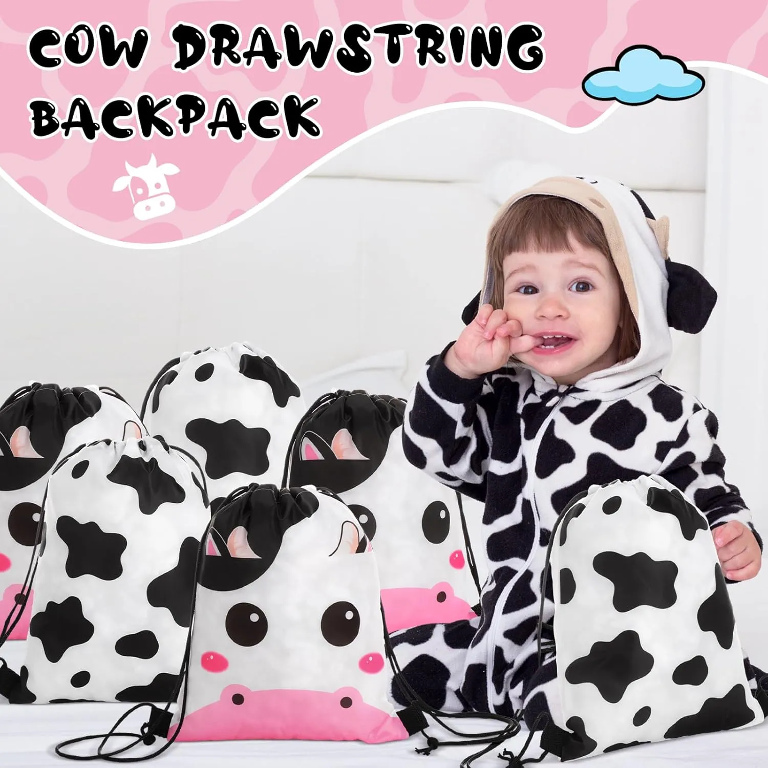 Censen 24 Pcs Cow Print Drawstring Bags Set Bulk 12 x 10 Inch Candy Treat Goody Waterproof Beach Bags for Girls Boys Kids Western Cow Themed Party Birthday Party Favor Supplies