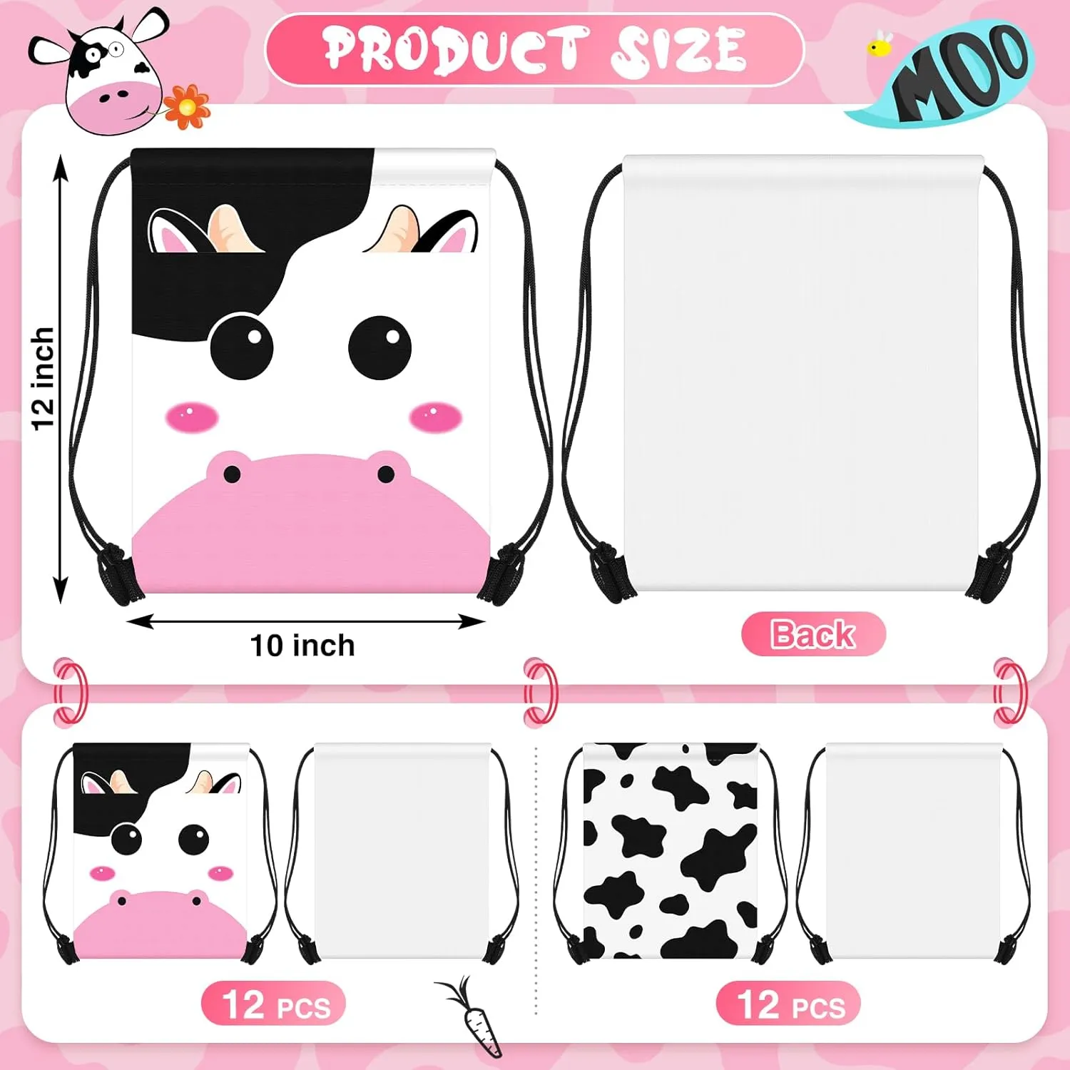 Censen 24 Pcs Cow Print Drawstring Bags Set Bulk 12 x 10 Inch Candy Treat Goody Waterproof Beach Bags for Girls Boys Kids Western Cow Themed Party Birthday Party Favor Supplies