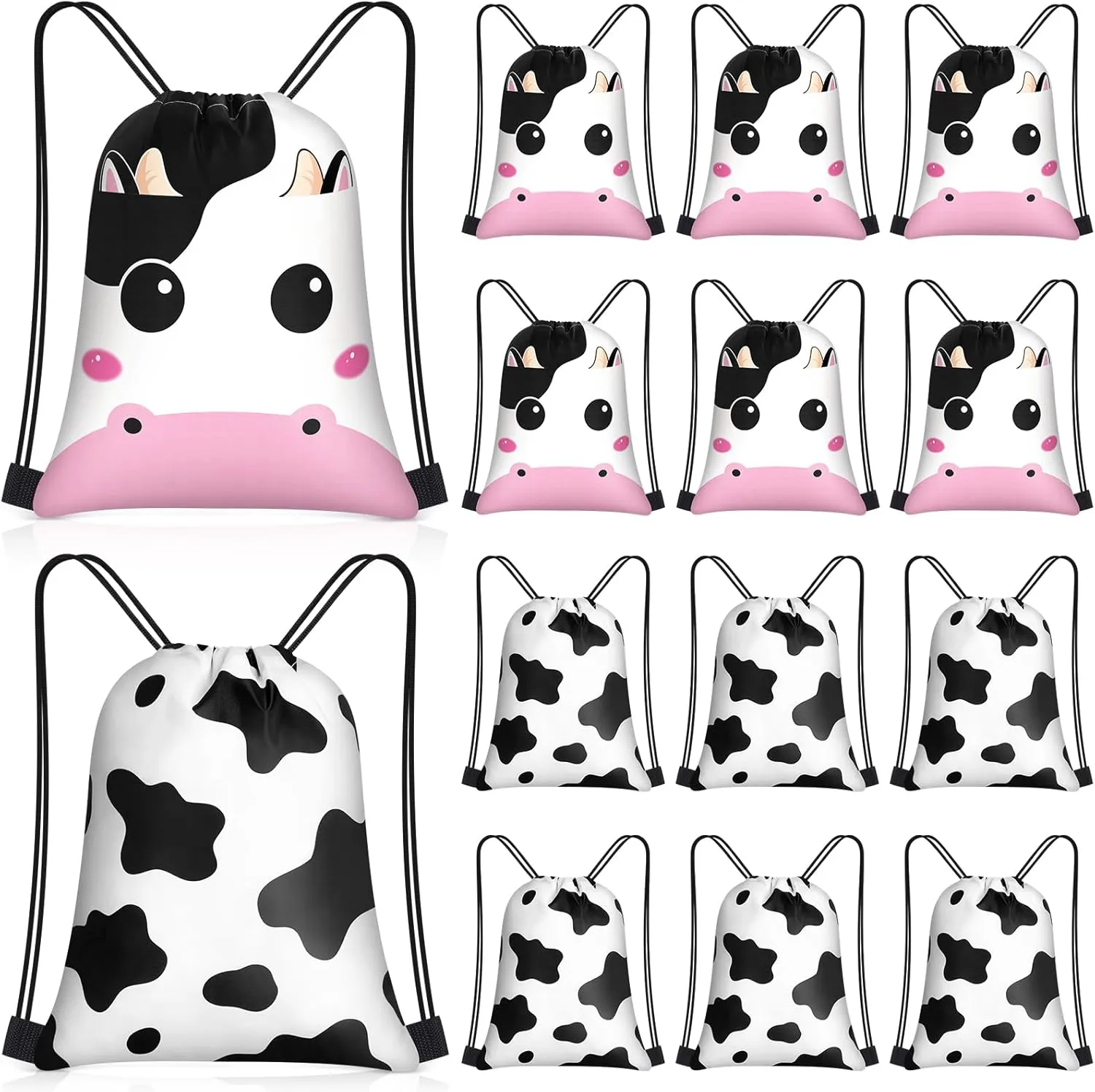 Censen 24 Pcs Cow Print Drawstring Bags Set Bulk 12 x 10 Inch Candy Treat Goody Waterproof Beach Bags for Girls Boys Kids Western Cow Themed Party Birthday Party Favor Supplies