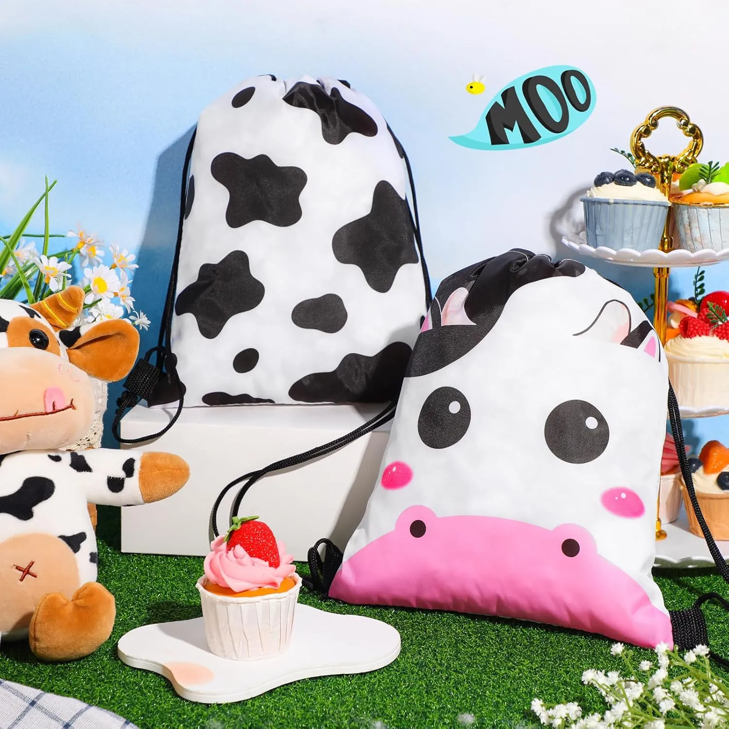 Censen 24 Pcs Cow Print Drawstring Bags Set Bulk 12 x 10 Inch Candy Treat Goody Waterproof Beach Bags for Girls Boys Kids Western Cow Themed Party Birthday Party Favor Supplies