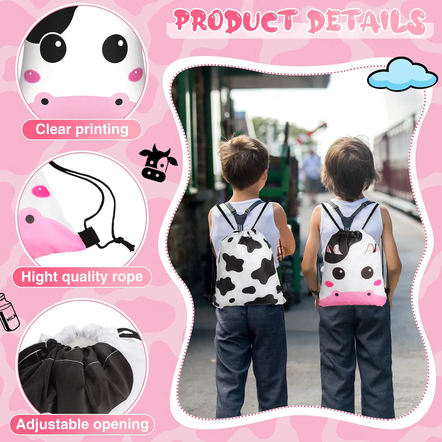 Censen 24 Pcs Cow Print Drawstring Bags Set Bulk 12 x 10 Inch Candy Treat Goody Waterproof Beach Bags for Girls Boys Kids Western Cow Themed Party Birthday Party Favor Supplies
