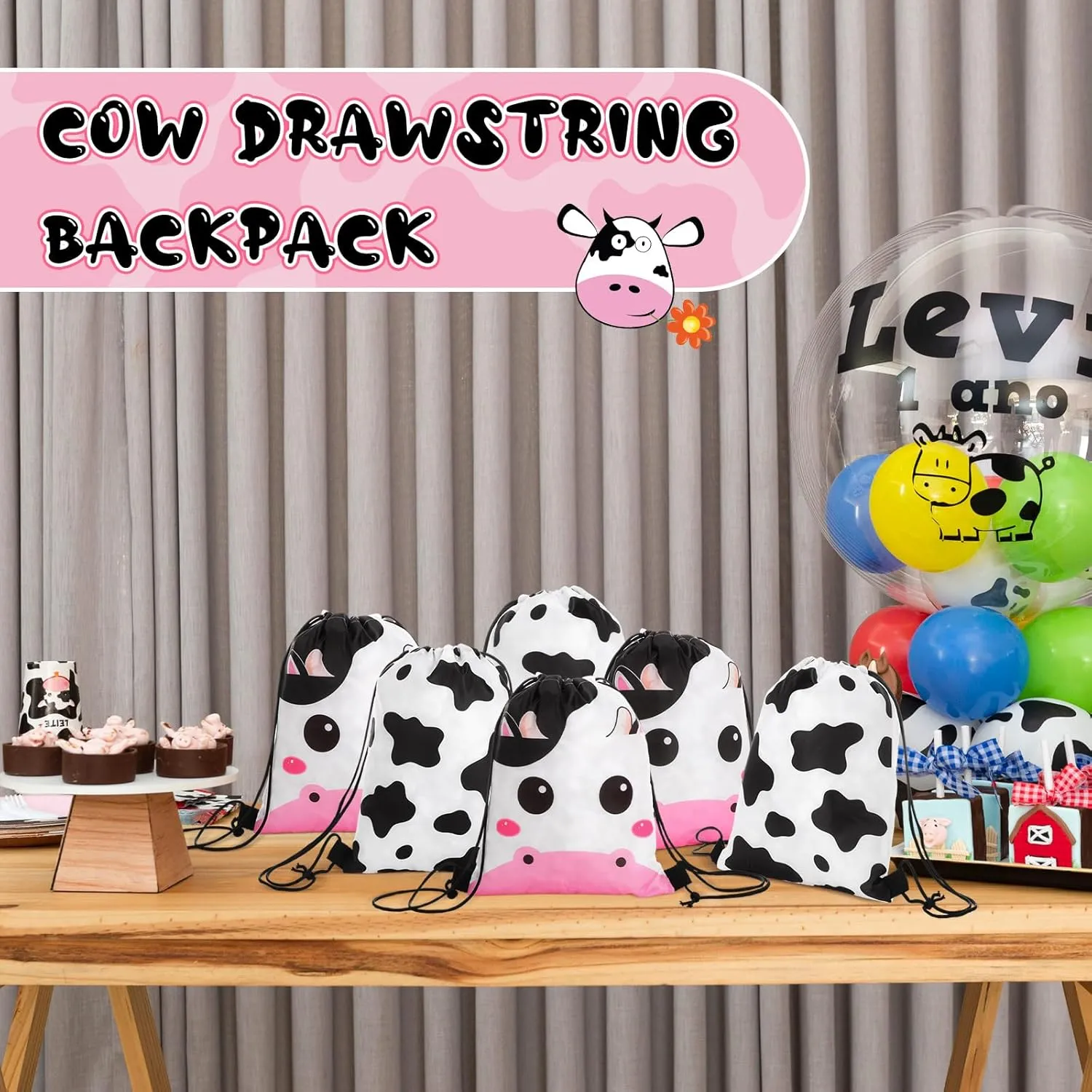 Censen 24 Pcs Cow Print Drawstring Bags Set Bulk 12 x 10 Inch Candy Treat Goody Waterproof Beach Bags for Girls Boys Kids Western Cow Themed Party Birthday Party Favor Supplies