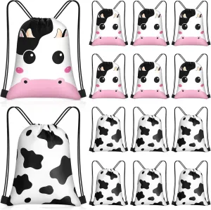 Censen 24 Pcs Cow Print Drawstring Bags Set Bulk 12 x 10 Inch Candy Treat Goody Waterproof Beach Bags for Girls Boys Kids Western Cow Themed Party Birthday Party Favor Supplies