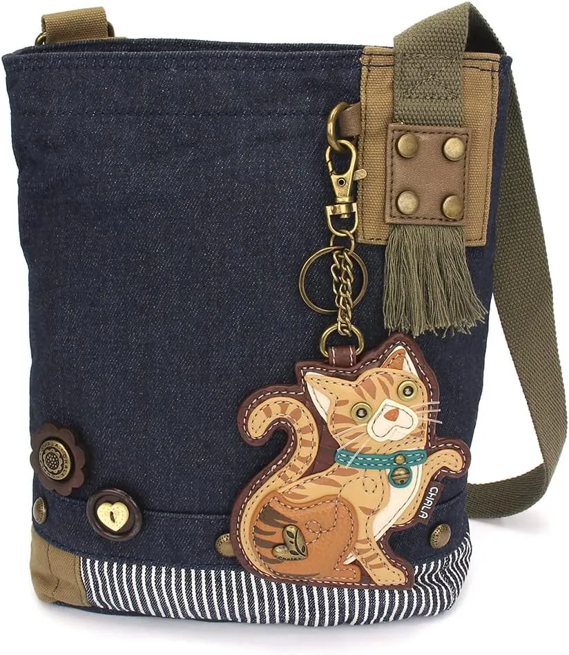 CHALA Patch Cross-Body Women Handbag, Blue Denim Canvas Messenger Bag - Orange Tabby Cat - Denim
