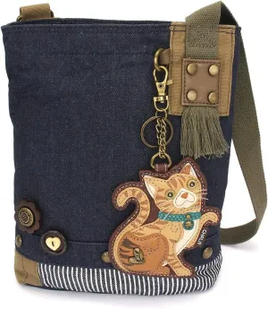 CHALA Patch Cross-Body Women Handbag, Blue Denim Canvas Messenger Bag - Orange Tabby Cat - Denim