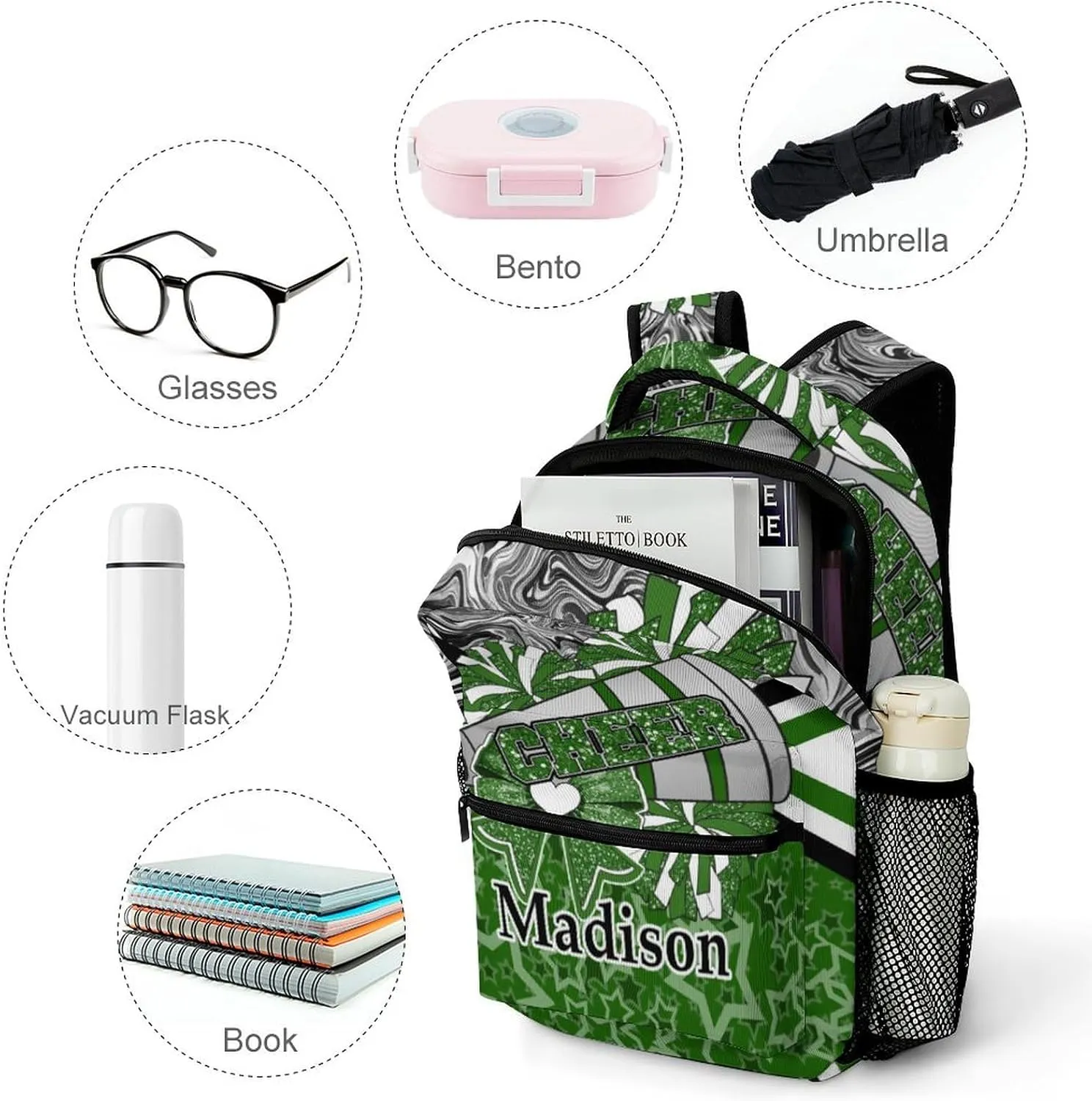 Cheer Custom Backpack Personalized Cheerleader Bags with Name Lightweight Casual Daypack for Cheer Team Coach Gift (Dark Green Black)