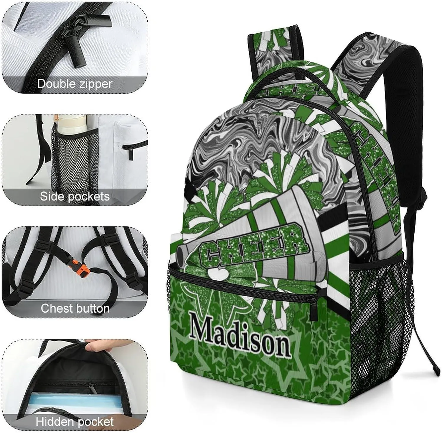 Cheer Custom Backpack Personalized Cheerleader Bags with Name Lightweight Casual Daypack for Cheer Team Coach Gift (Dark Green Black)