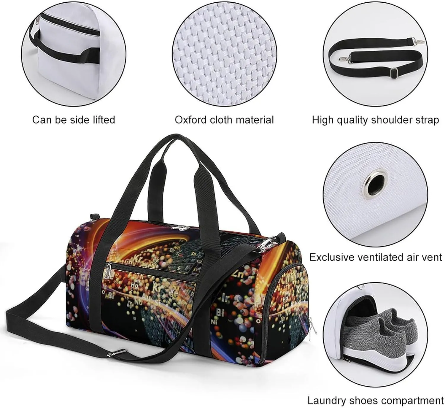 Chemical Icons Sports Tote Gym Bag for Women Men, Overnight Bag with Shoe Compartment Water Resistant
