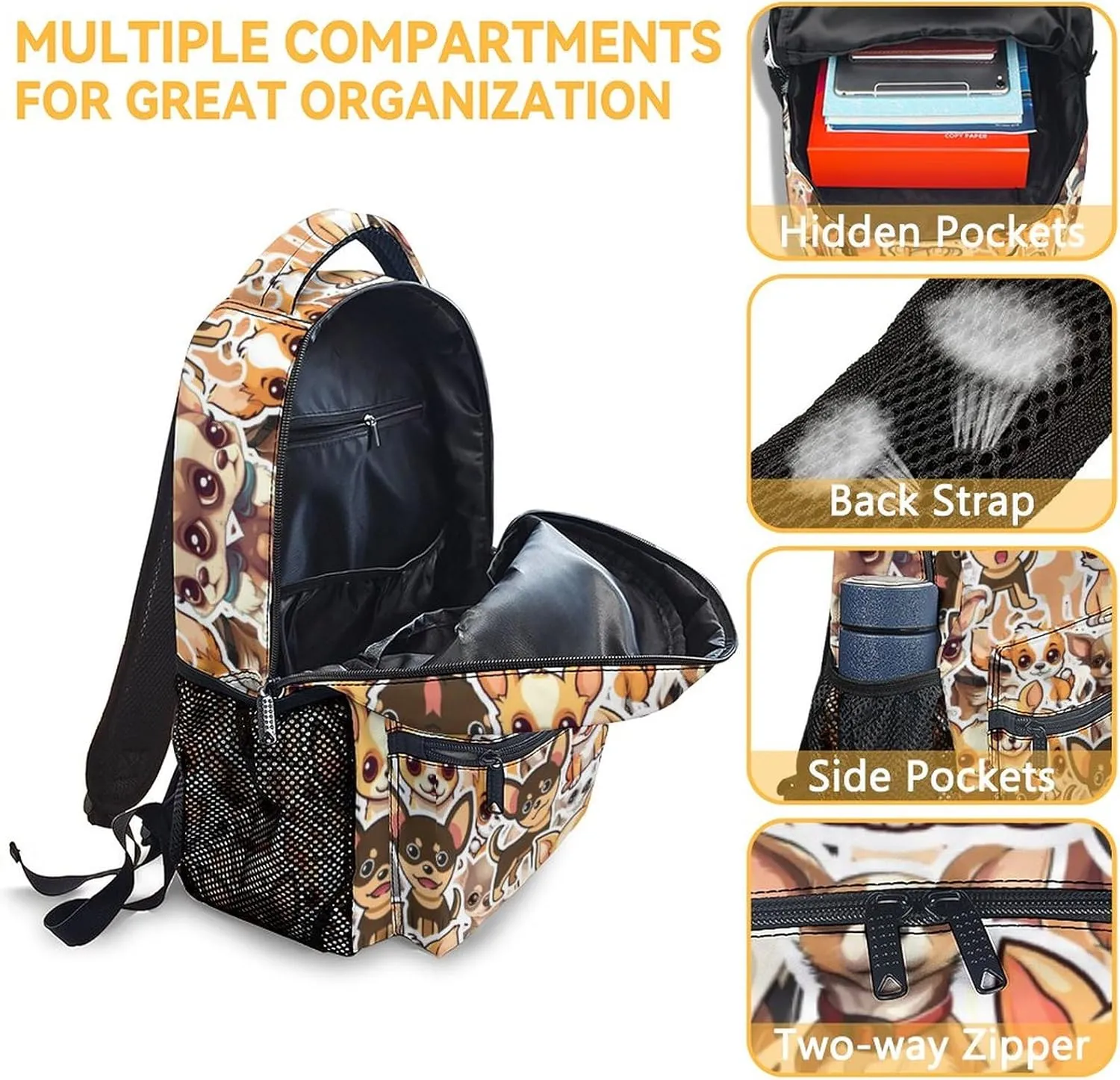 Chihuahua Backpack for Girls, 16 Inch Brown Backpacks for School, Cute Lightweight Bookbag for Kids