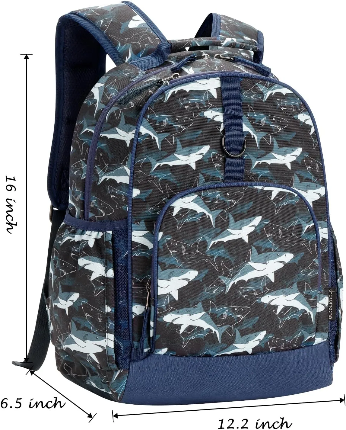 Choco Mocha Dinosaur Shark Backpack for Boys, Kids Backpack for Boys Ages 4-6, Kindergarten Preschool Bookbag Boy 15 inch, Blue