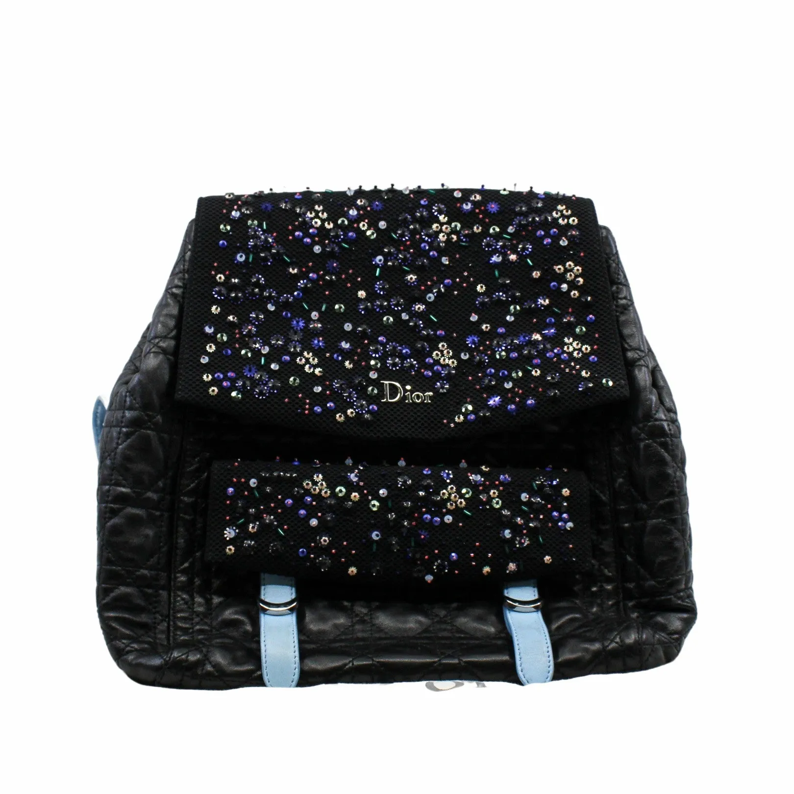 CHRISTIAN DIOR 2016 NAVY BLUE CANNAGE LEATHER/SEQUIN EMBELLISHED MESH 'STARDUST' BACKPACK