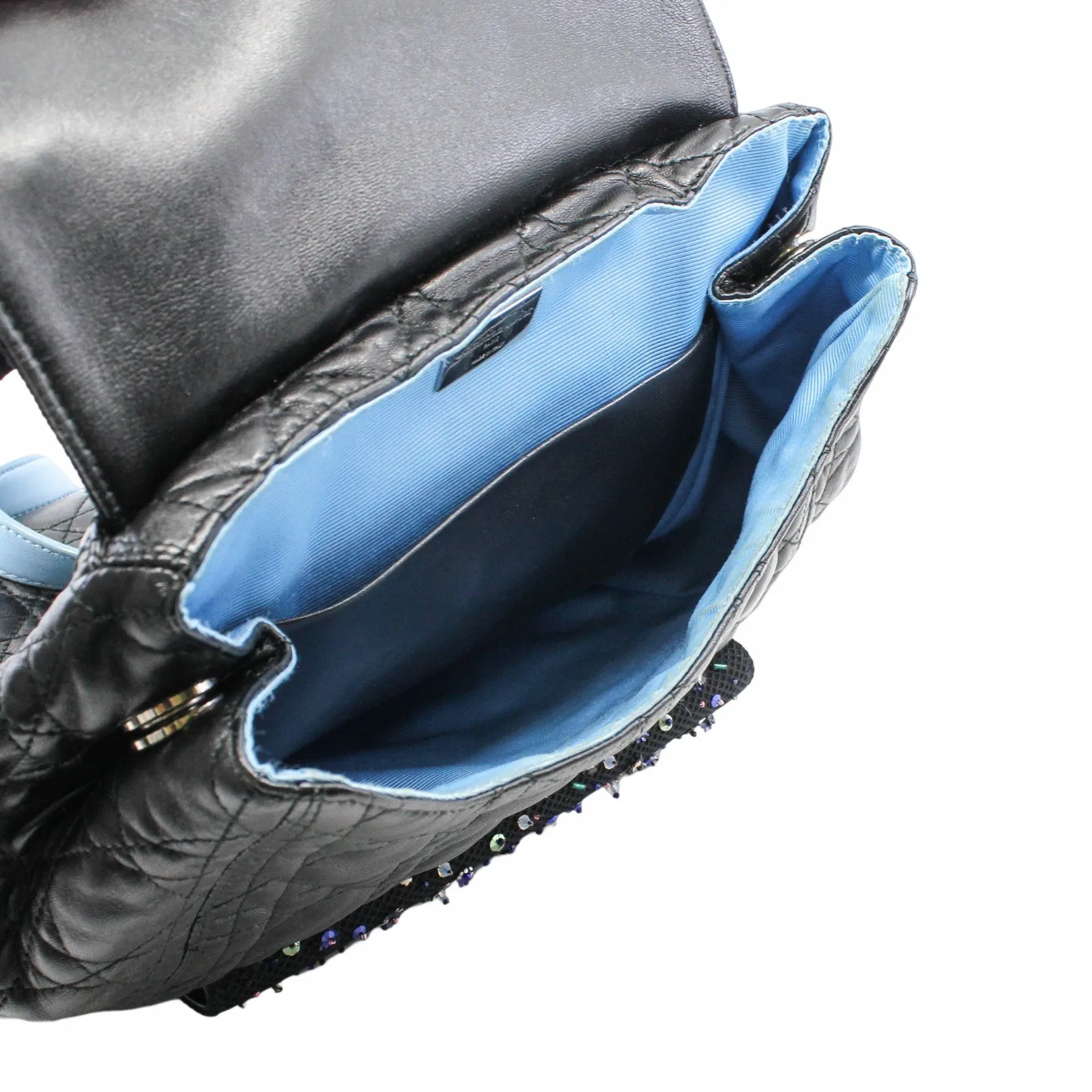 CHRISTIAN DIOR 2016 NAVY BLUE CANNAGE LEATHER/SEQUIN EMBELLISHED MESH 'STARDUST' BACKPACK