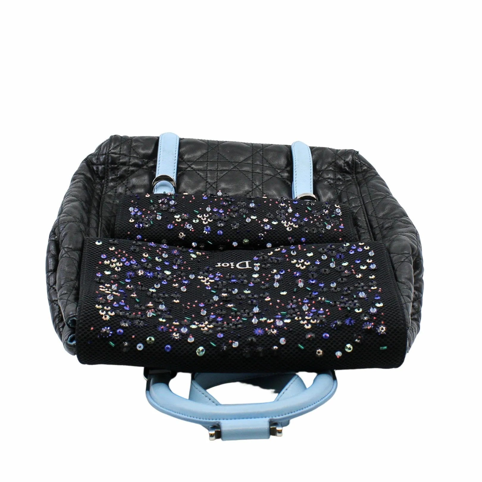 CHRISTIAN DIOR 2016 NAVY BLUE CANNAGE LEATHER/SEQUIN EMBELLISHED MESH 'STARDUST' BACKPACK