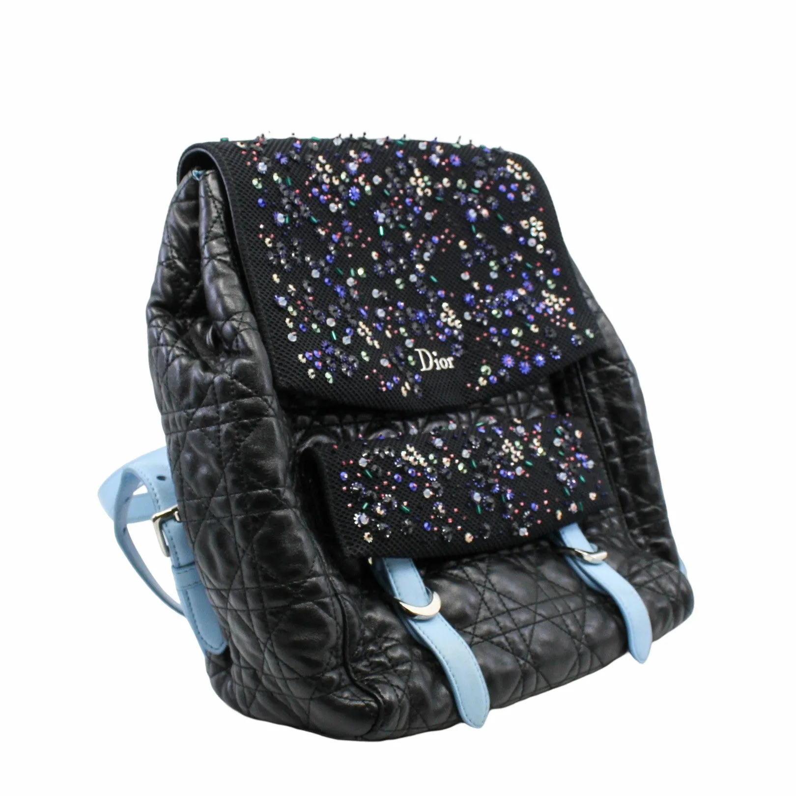 CHRISTIAN DIOR 2016 NAVY BLUE CANNAGE LEATHER/SEQUIN EMBELLISHED MESH 'STARDUST' BACKPACK