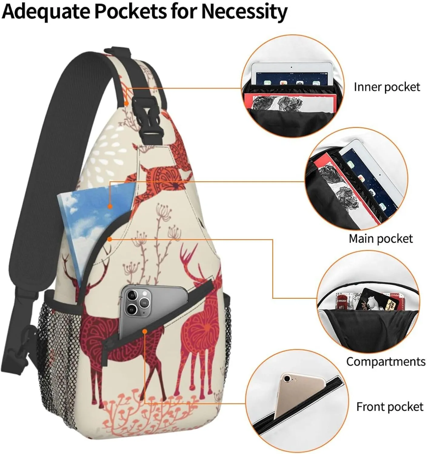 Christmas Elk Unisex Casual Diagonal Chest Bag,Multipurpose Crossbody Shoulder Bag Travel Hiking Daypack