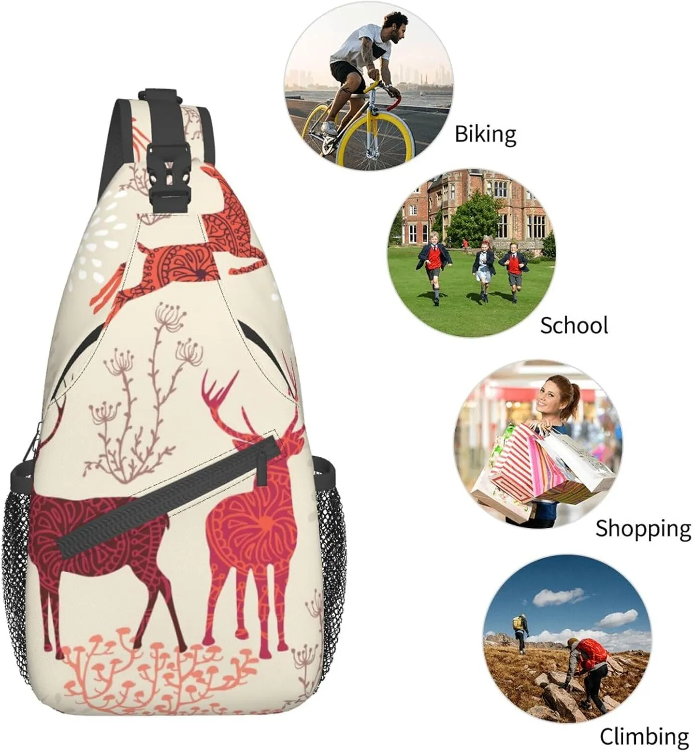 Christmas Elk Unisex Casual Diagonal Chest Bag,Multipurpose Crossbody Shoulder Bag Travel Hiking Daypack