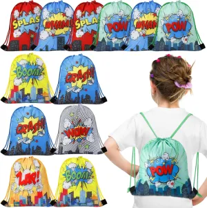 Clabby 12 Pcs Hero Party Drawstring Backpacks Bulk Hero Party Favors Gift Bags Comic Book Boom Goodie Candy Treat Bag for Birthday Party