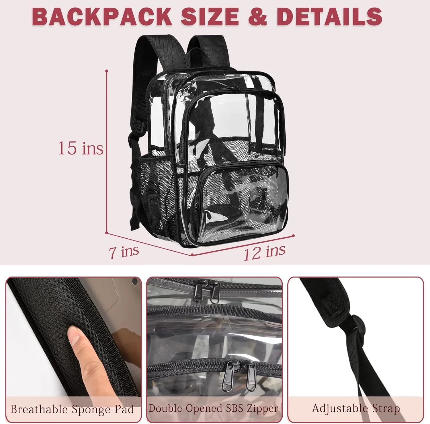 Clear Backpack, 15'' Clear Backpacks for School Heavy Duty See Through Bookbag Multi-pocket PVC Backpack for Men Women, Grey