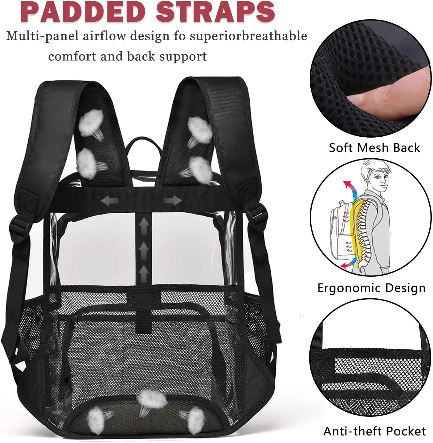 Clear Backpack, 15'' Clear Backpacks for School Heavy Duty See Through Bookbag Multi-pocket PVC Backpack for Men Women, Grey