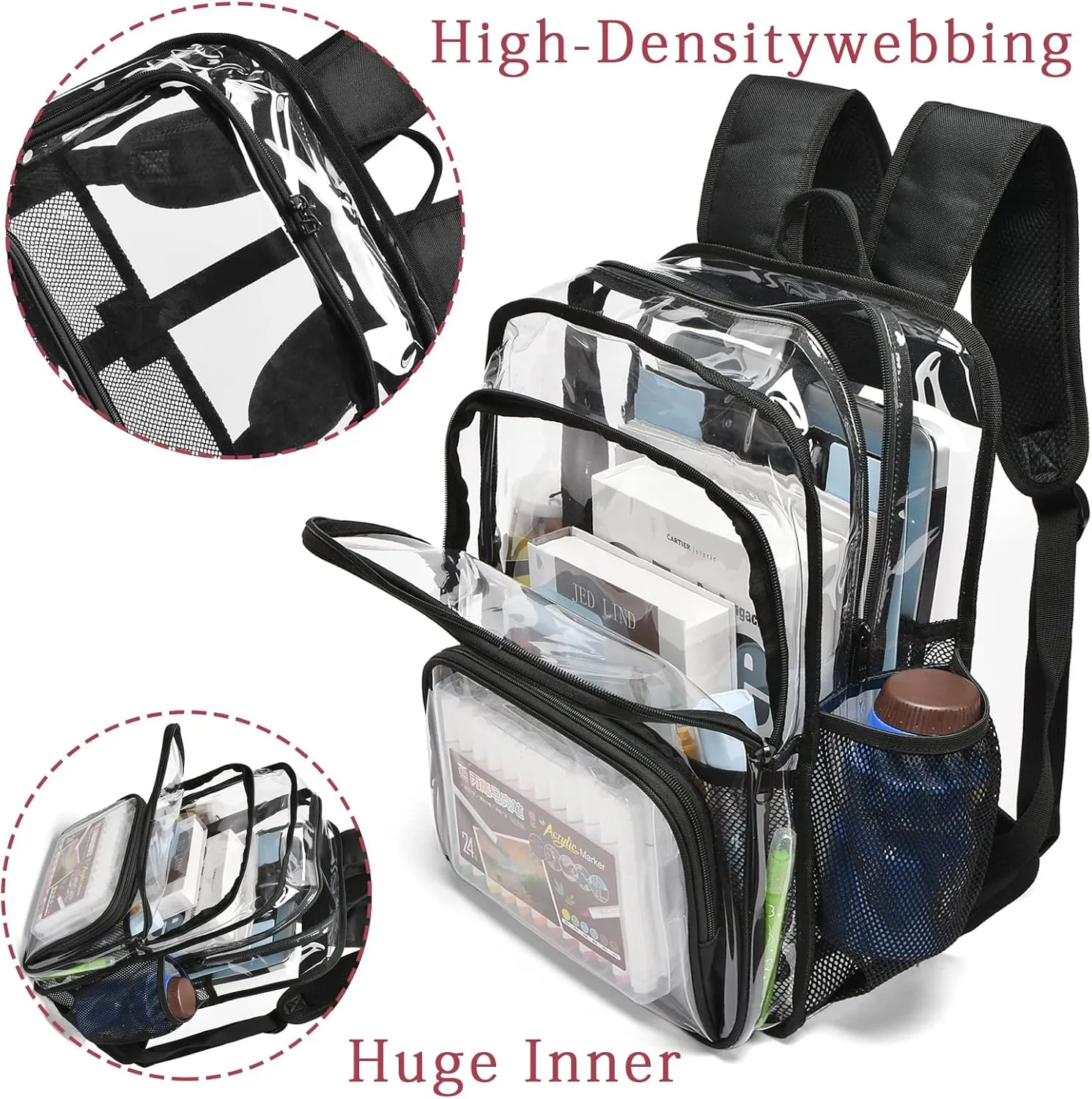 Clear Backpack, 15'' Clear Backpacks for School Heavy Duty See Through Bookbag Multi-pocket PVC Backpack for Men Women, Grey