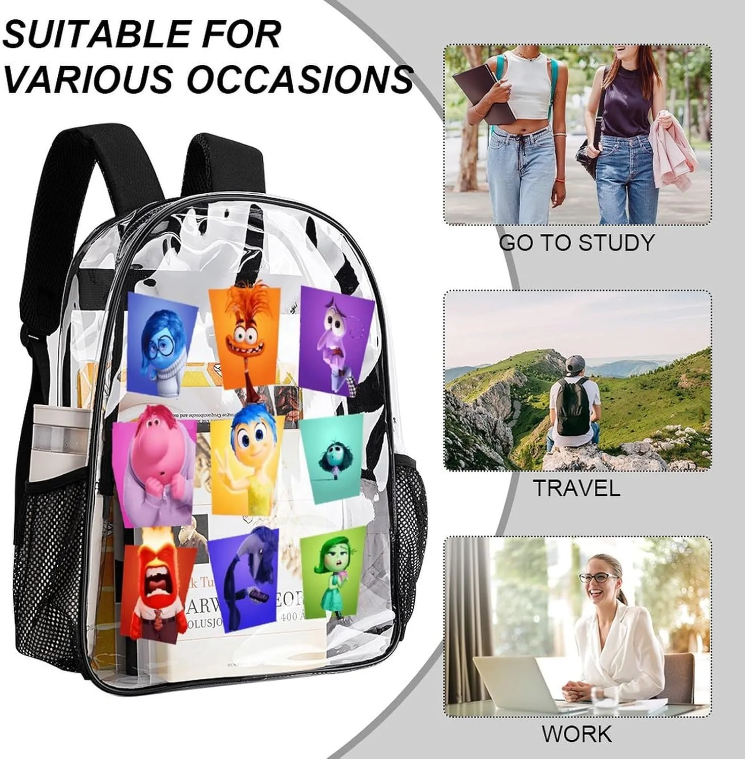 Clear Backpack Heavy Duty PVC Transparent Cartoon Emotion Backpack 17" Large Capacity See Through Bag for Work