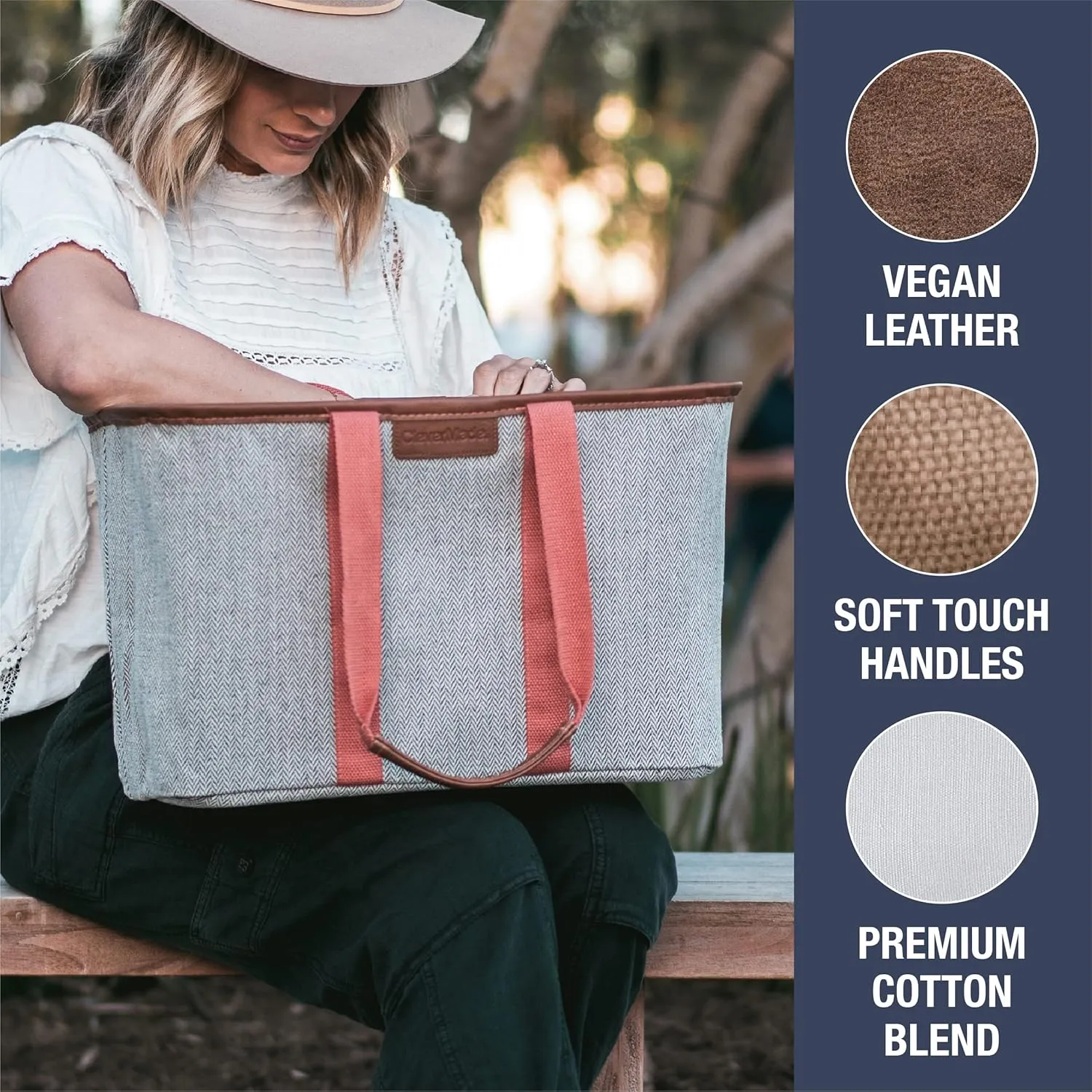 CleverMade Collapsible LUXE Tote - Rose Herringbone 1 Pack 20L / 5 Gal - Reusable Grocery Shopping Storage Bag Organizer w/ Handles Reinforced Bottom