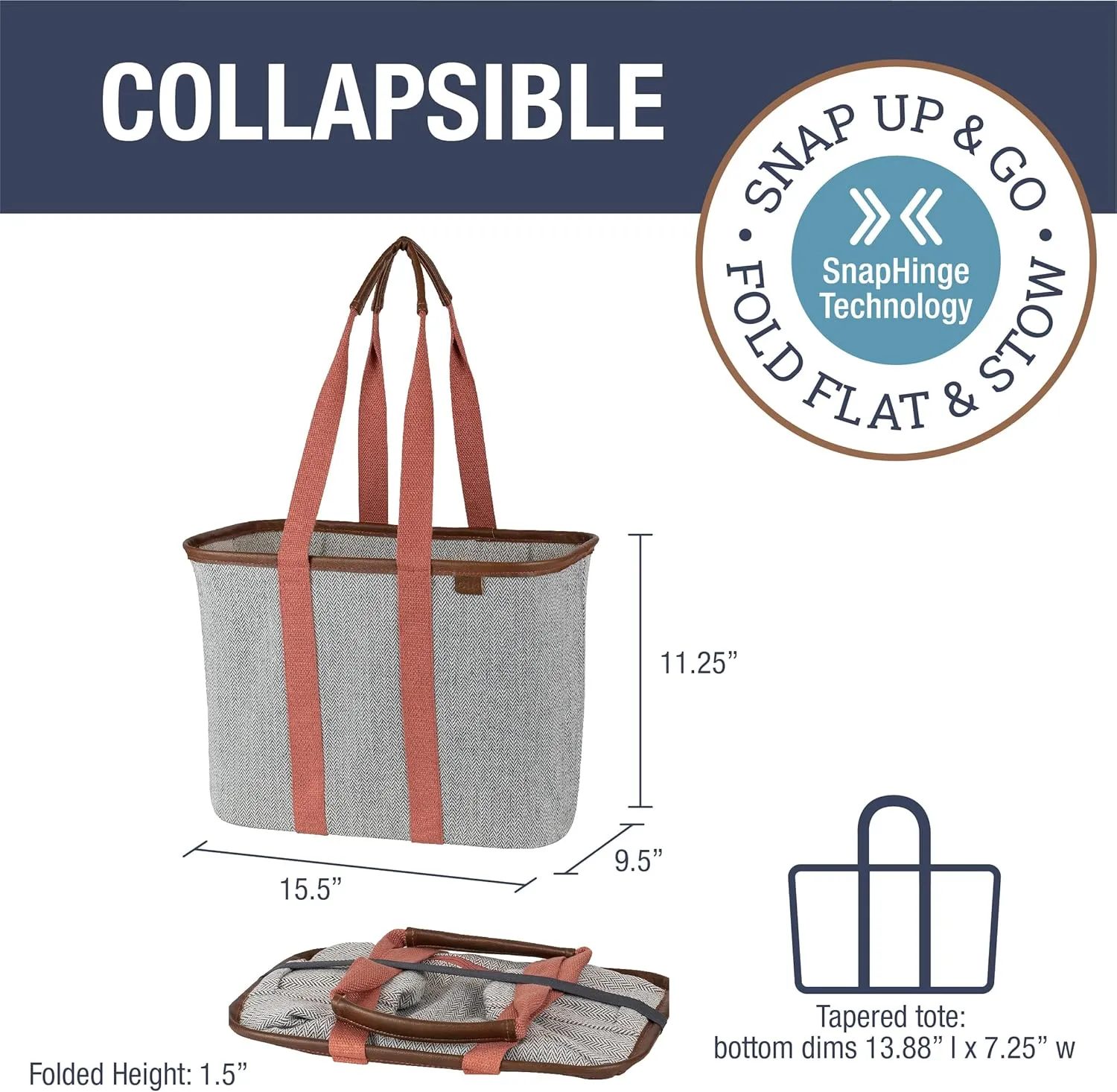 CleverMade Collapsible LUXE Tote - Rose Herringbone 1 Pack 20L / 5 Gal - Reusable Grocery Shopping Storage Bag Organizer w/ Handles Reinforced Bottom