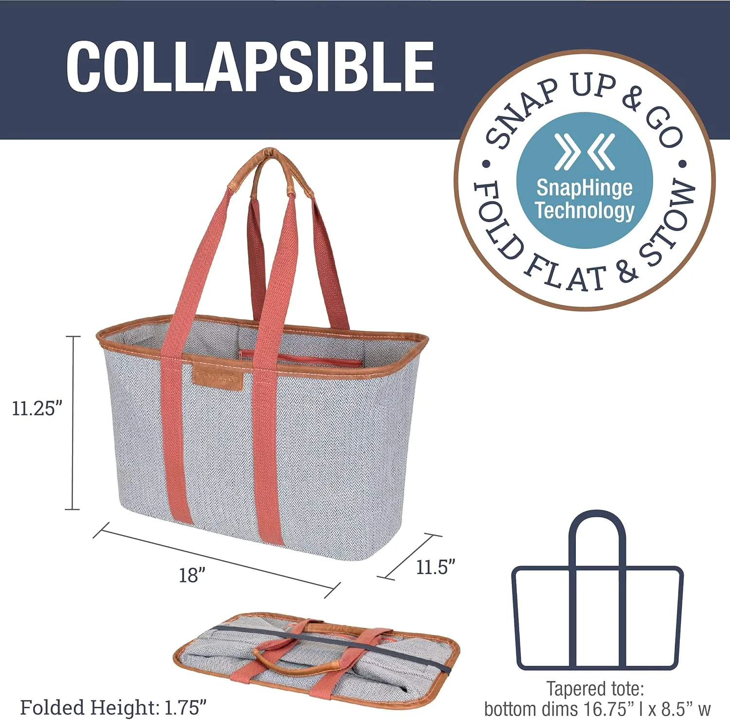 CleverMade Collapsible LUXE Tote - Rose Herringbone 1 Pack 30L / 8 Gal - Reusable Grocery Shopping Storage Bag Organizer w/ Handles Reinforced Bottom