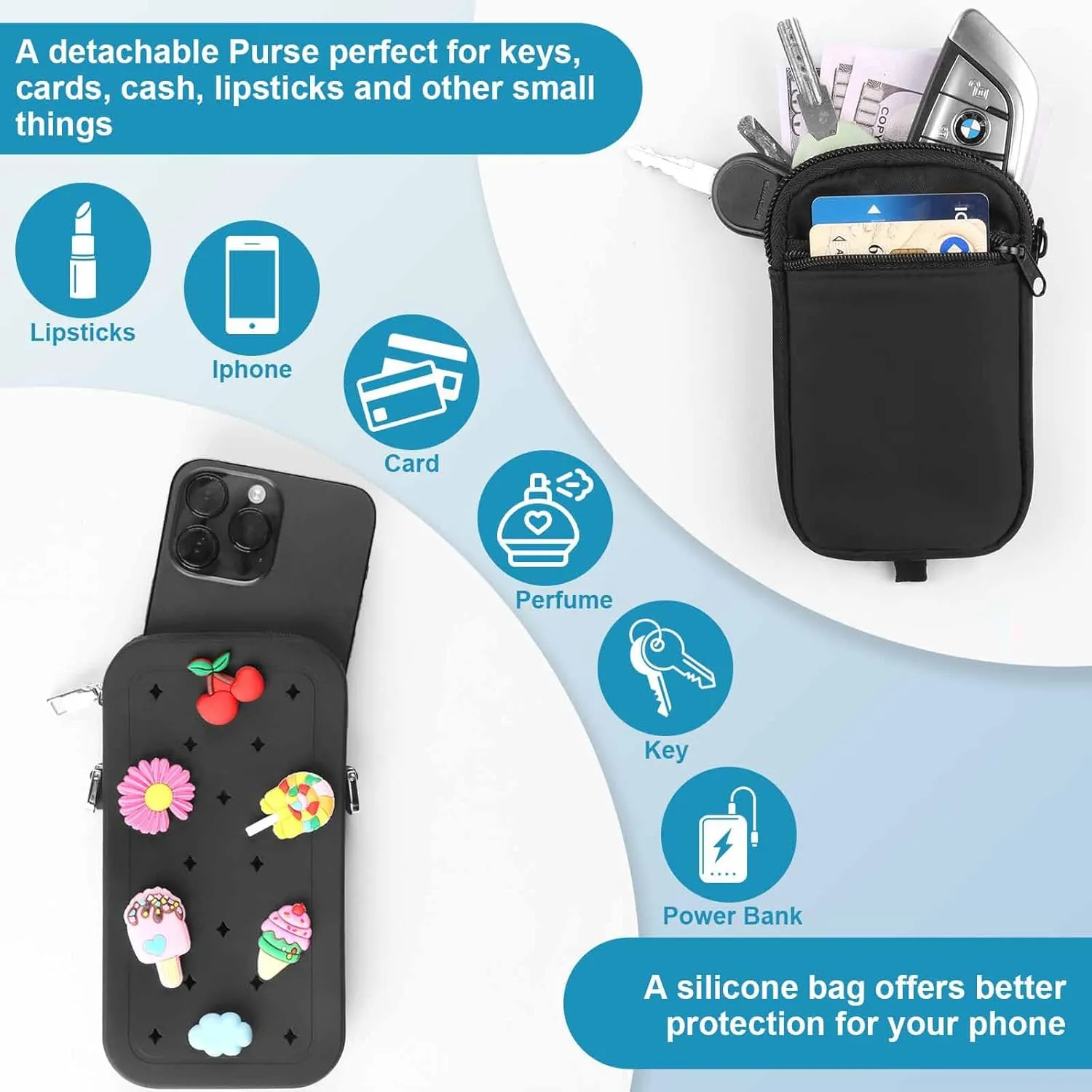 Clip and Go Phone Strap with Zipper Pouch, Adjustable Crossbody Phone Lanyard with Silicone Phone Bag and 10 Decorative Charms, Phone Strap with Wallet Compatible with Most Phones Black