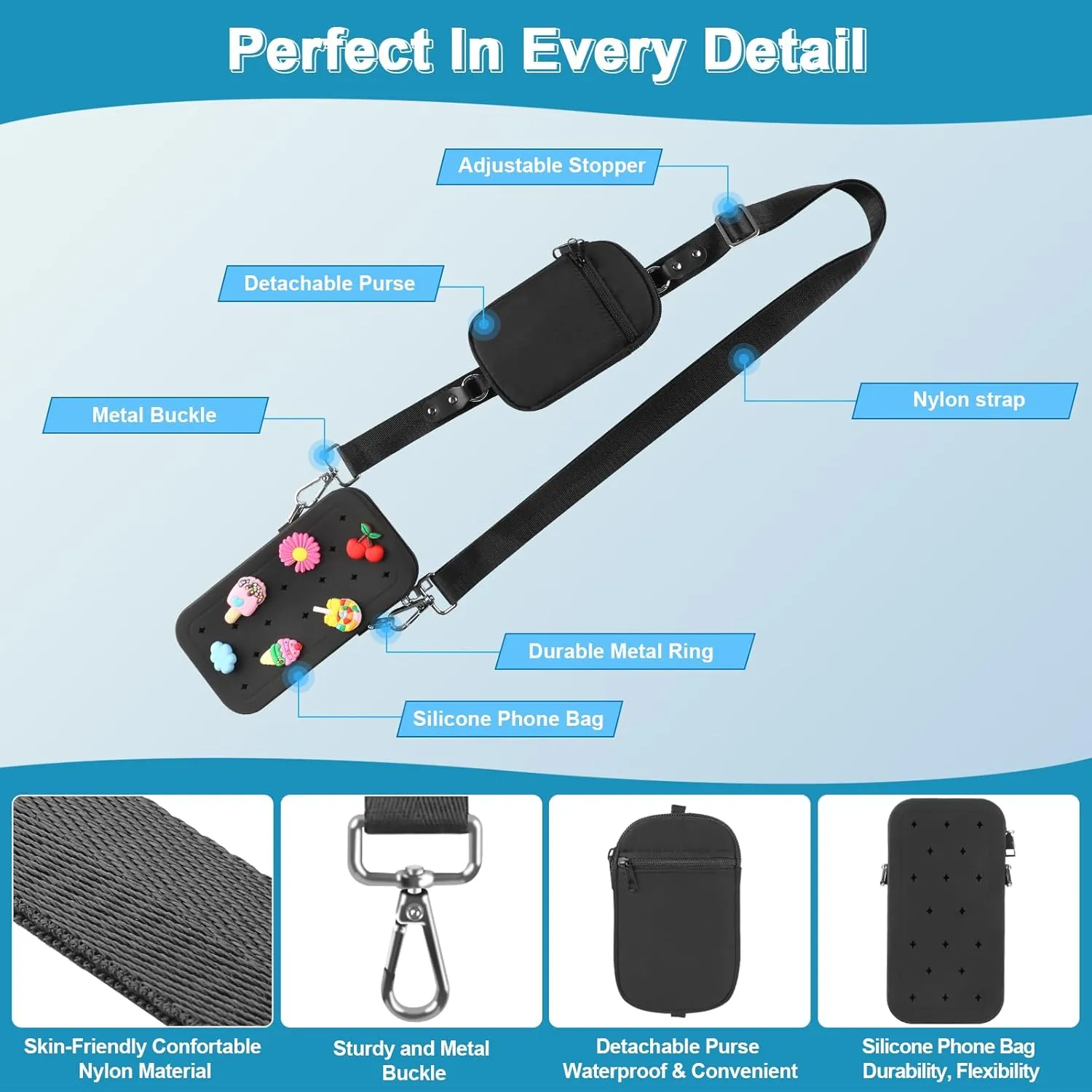 Clip and Go Phone Strap with Zipper Pouch, Adjustable Crossbody Phone Lanyard with Silicone Phone Bag and 10 Decorative Charms, Phone Strap with Wallet Compatible with Most Phones Black