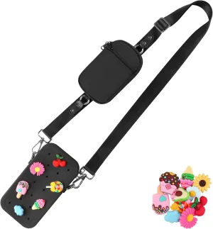 Clip and Go Phone Strap with Zipper Pouch, Adjustable Crossbody Phone Lanyard with Silicone Phone Bag and 10 Decorative Charms, Phone Strap with Wallet Compatible with Most Phones Black