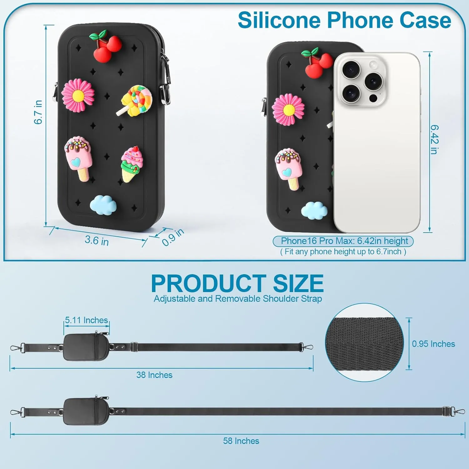 Clip and Go Phone Strap with Zipper Pouch, Adjustable Crossbody Phone Lanyard with Silicone Phone Bag and 10 Decorative Charms, Phone Strap with Wallet Compatible with Most Phones Black